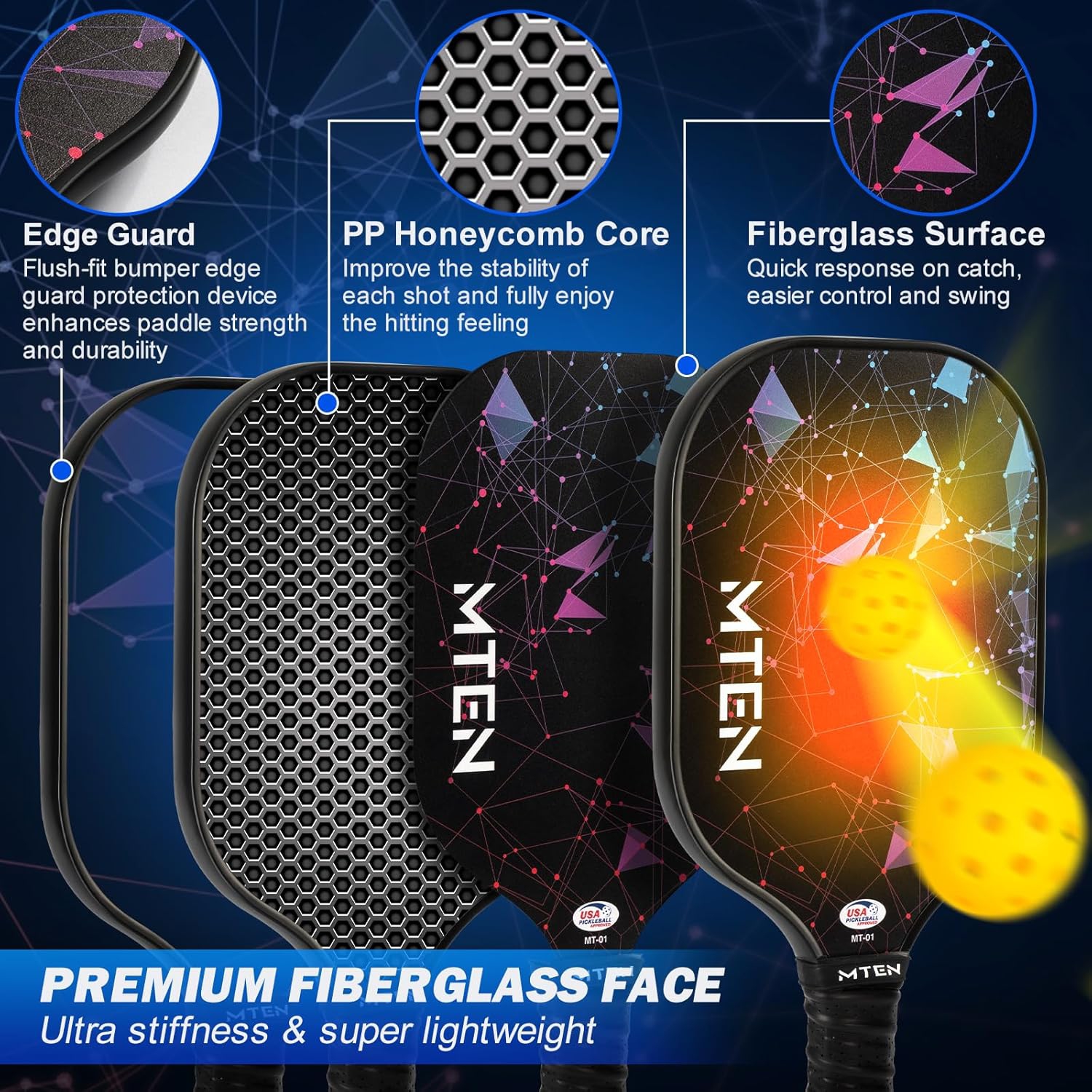 Ensemble de raquettes de pickleball en fibre de verre approuvé par l'USAPA – Raquettes légères et durables pour hommes et femmes – Ensemble complet