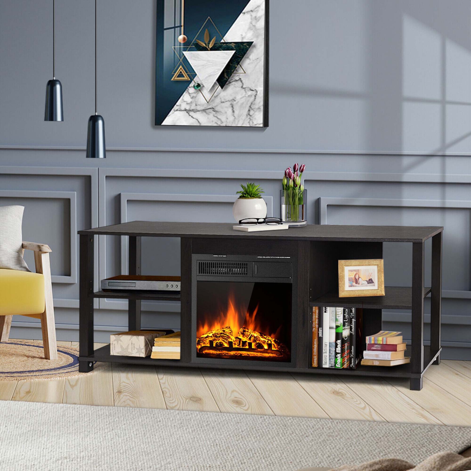 Gymax 59'' Fireplace TV Stand Entertainment Center w/ 18'' 1500W Electric Fireplace
