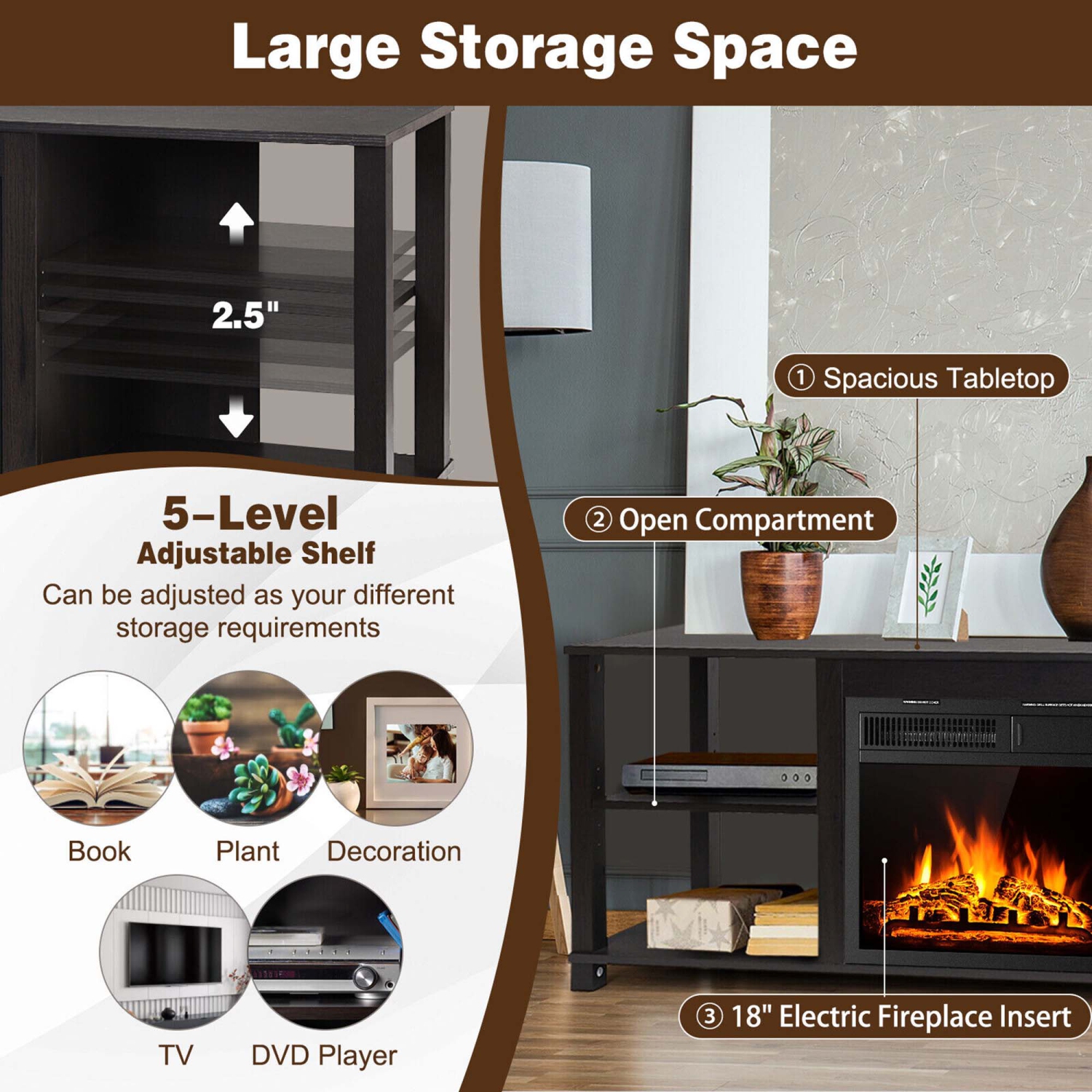 Gymax 59'' Fireplace TV Stand Entertainment Center w/ 18'' 1500W Electric Fireplace