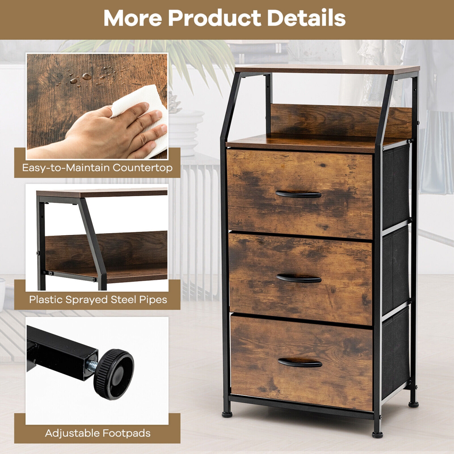 Gymax 2PCS 3 Drawer Dresser w/ Wood Top Sturdy Steel Frame Storage Organizer Dresser