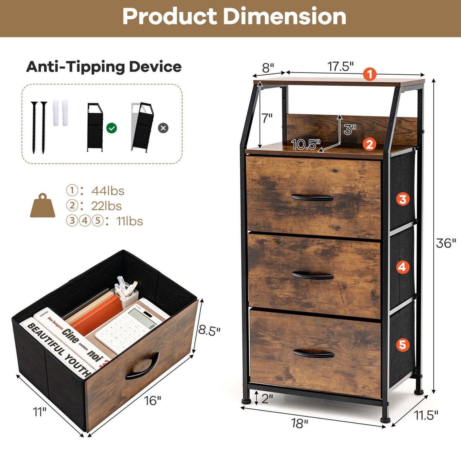 Gymax 3 Drawer Dresser w/ Wood Top Sturdy Steel Frame Storage Organizer Dresser