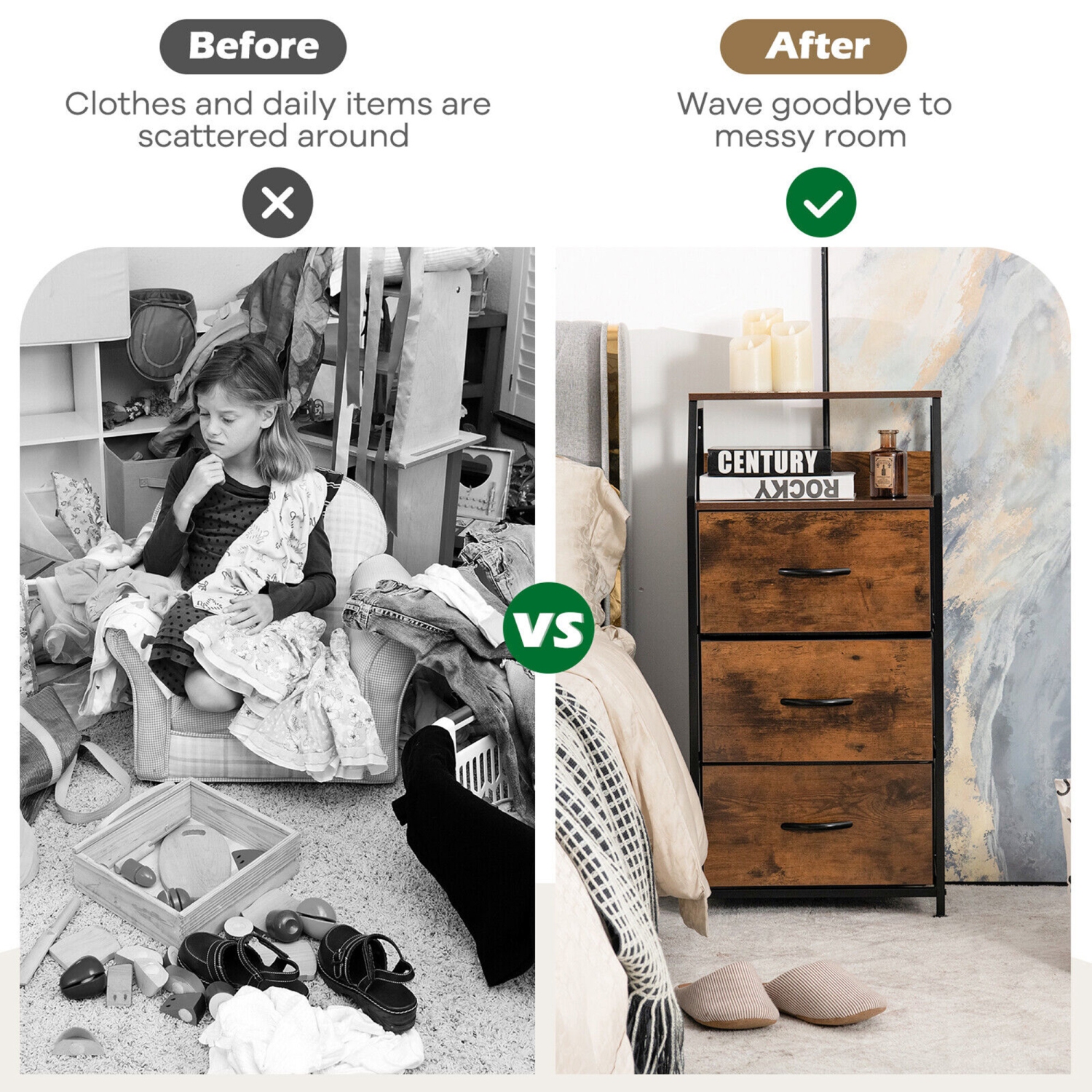 Gymax 3 Drawer Dresser w/ Wood Top Sturdy Steel Frame Storage Organizer Dresser