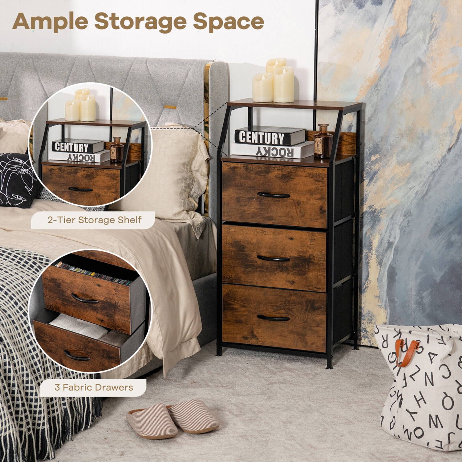 Gymax 3 Drawer Dresser w/ Wood Top Sturdy Steel Frame Storage Organizer Dresser