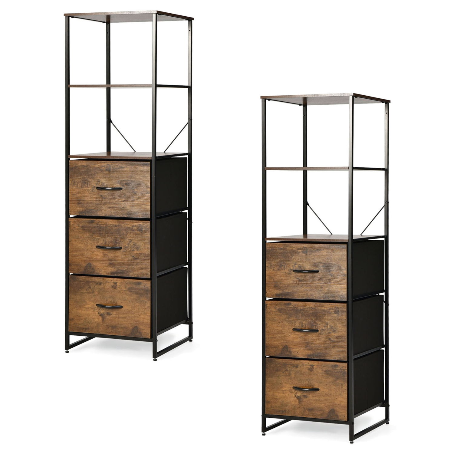 Gymax 2PCS Industrial 3-tier Bookshelf 3 Drawers Dresser for Study Bedroom Living Room