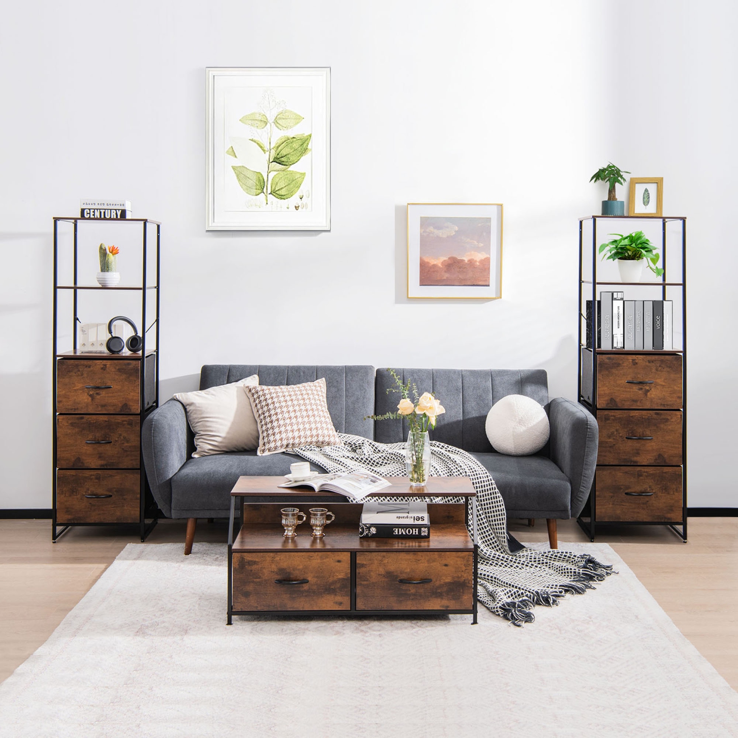 Gymax 2PCS Industrial 3-tier Bookshelf 3 Drawers Dresser for Study Bedroom Living Room