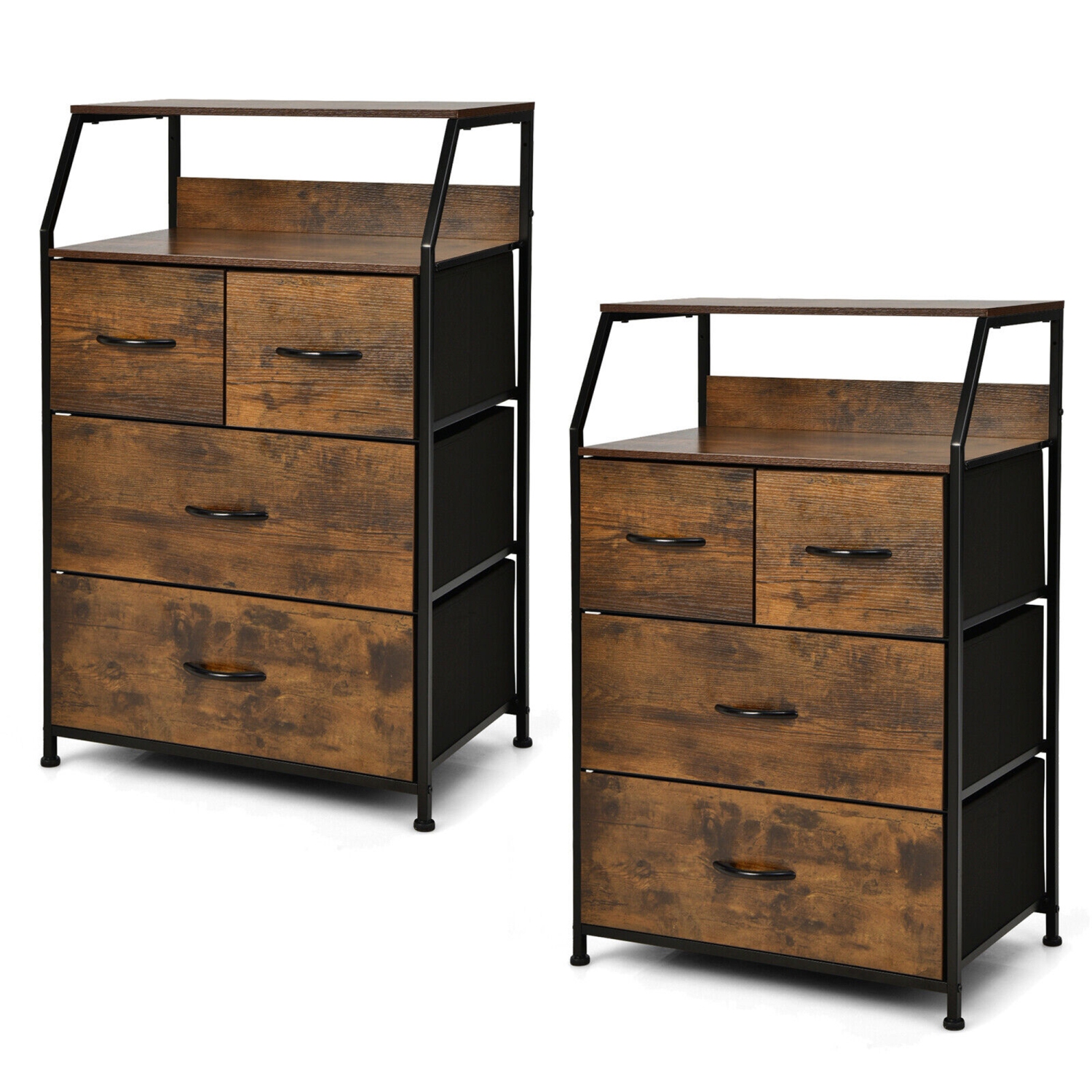 Gymax 2PCS 4 Drawer Dresser Tall Wide Storage Organizer Unit w/ Wooden Top Fabric Bins