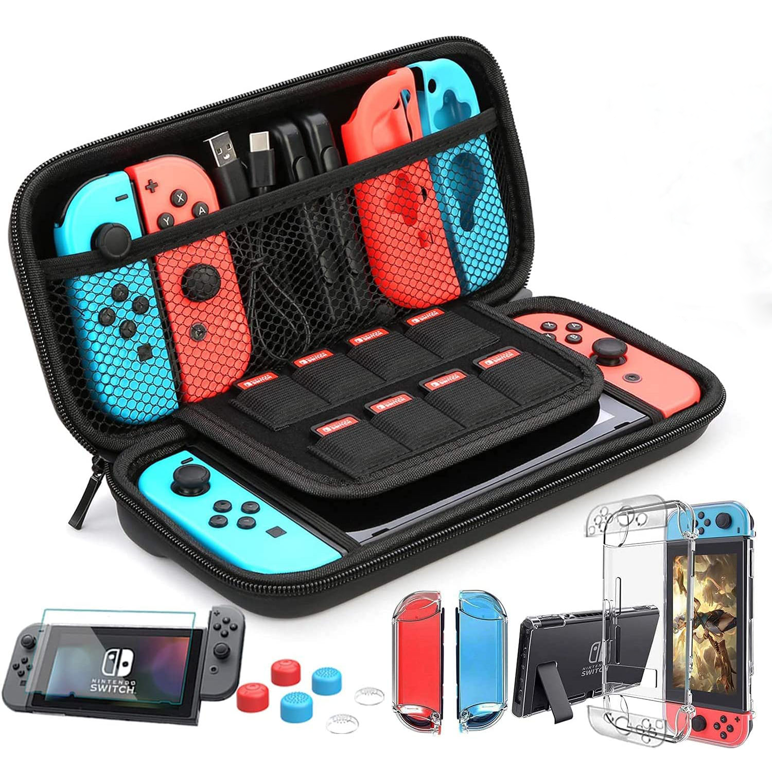 The Bigly Brothers Nintendo Switch Case, 9 in 1 Accessories Kit with 6pcs Thumb Grips Caps, HD Screen Protector, Dockable Protective Case and Carrying Case