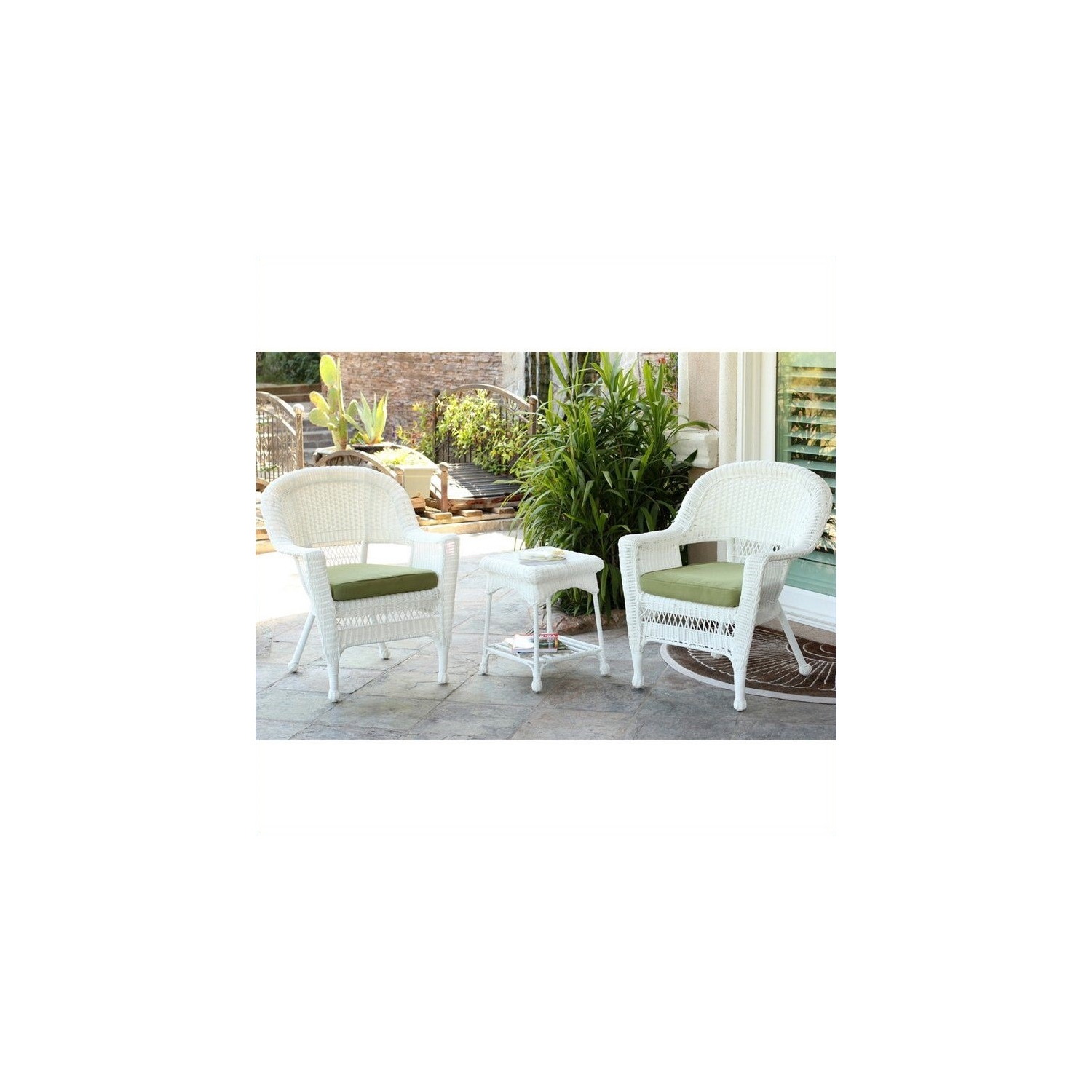 Afuera Living 3 Piece Wicker Outdoor Garden Set in White with Green Cushions