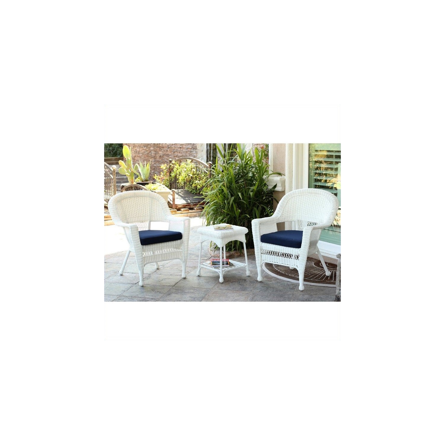 Jeco 3 Piece Wicker Conversation Set in White with Blue Cushions