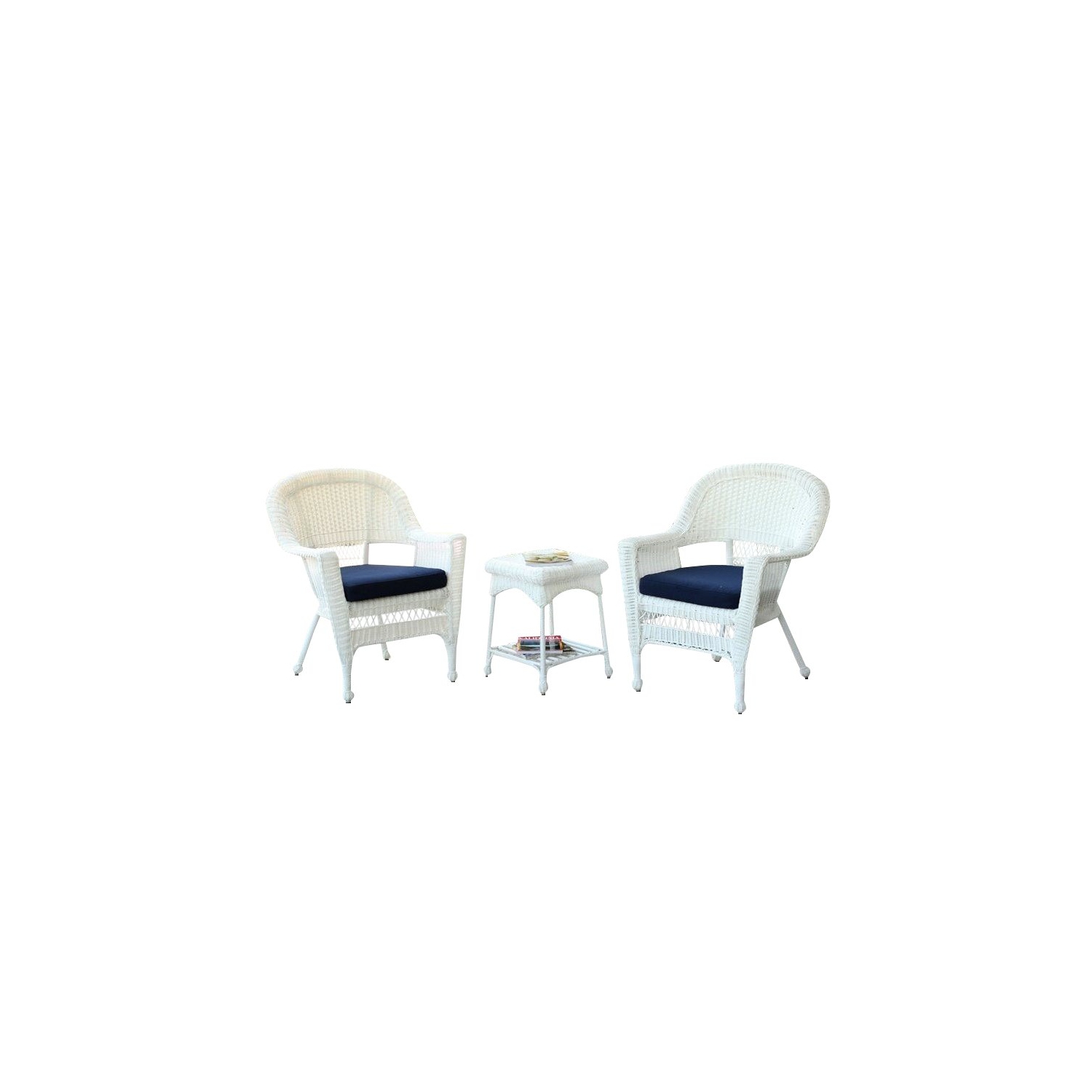 Jeco 3 Piece Wicker Conversation Set in White with Blue Cushions