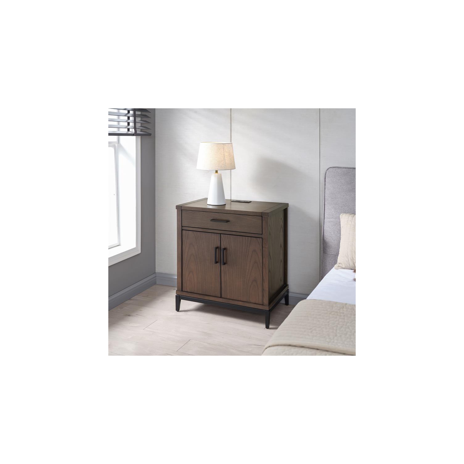 9079-GRMB Julien Assembled Nightstand Table with AC/USB in Coffee Bean/Black