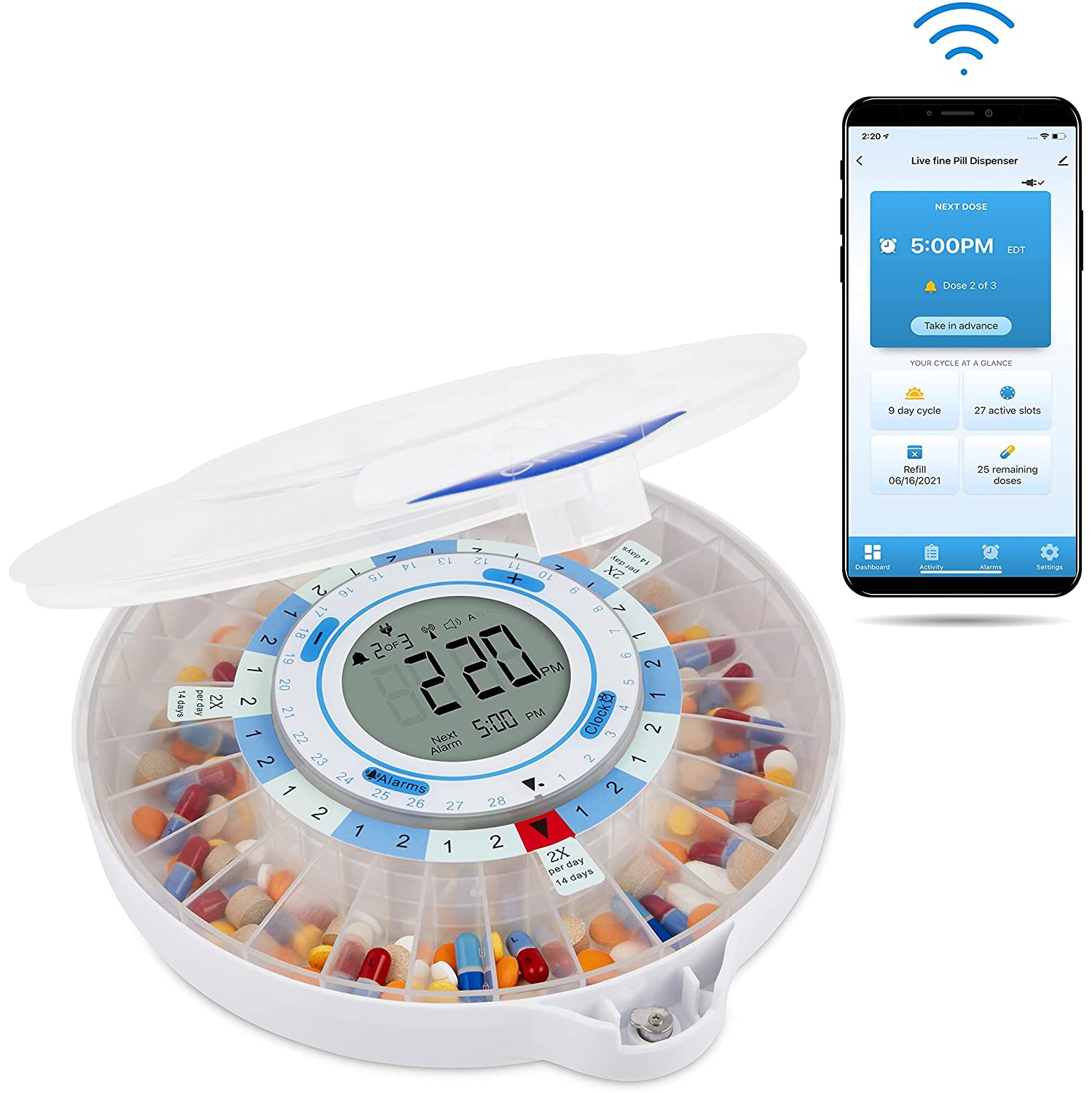 Distributeur de pilules automatique Smart avec Wi-Fi de LiveFine - COUVERCLE givré