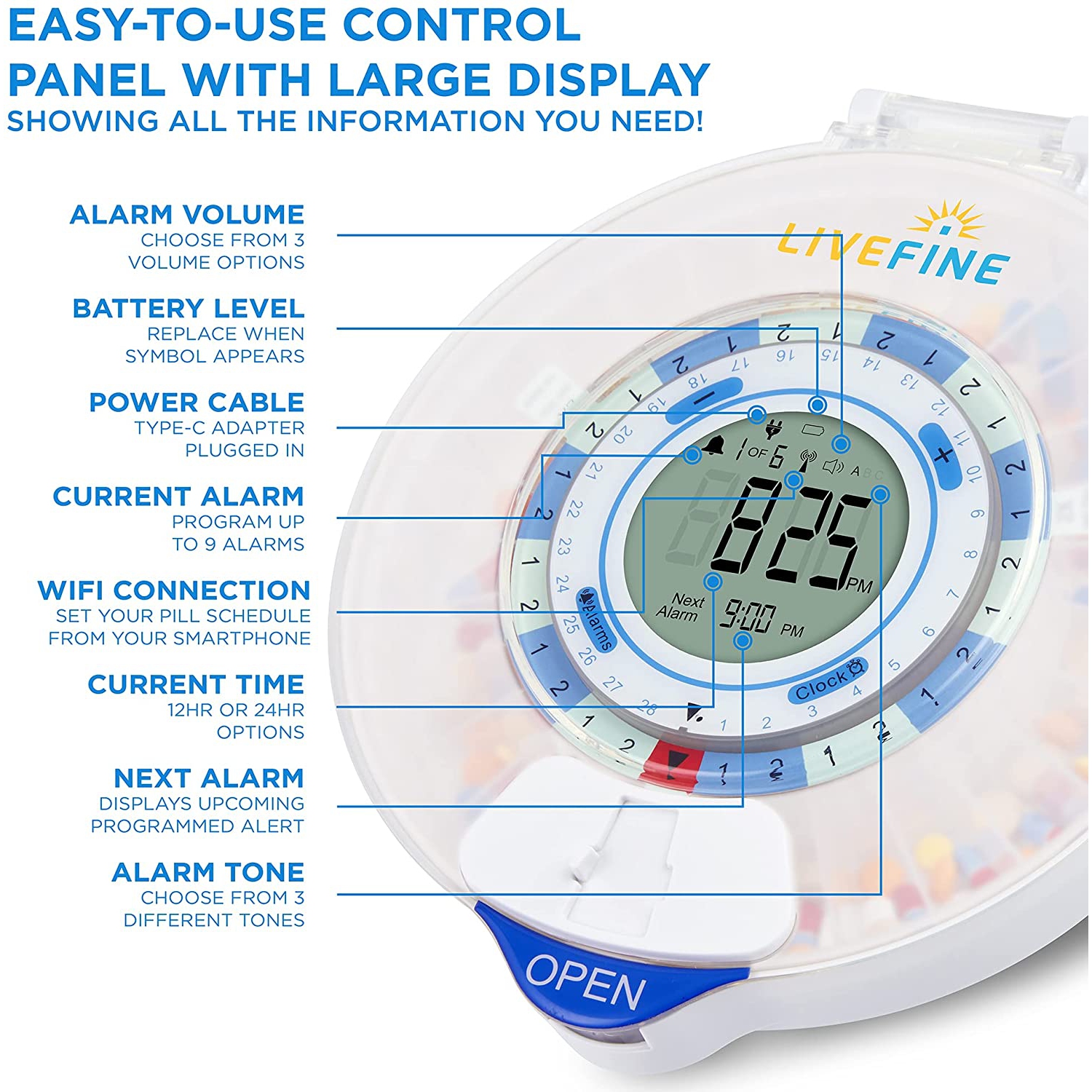 Distributeur de pilules automatique Smart avec Wi-Fi de LiveFine - COUVERCLE givré