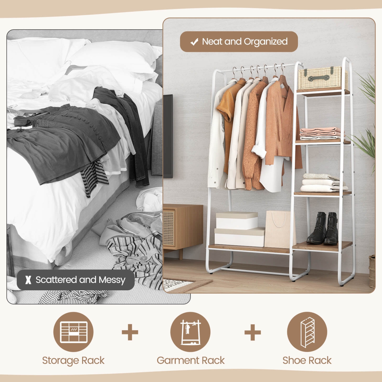 Costway Clothes Rack Portable Closet Storage Organizer 5-Tier Wood Shelves & Hanging Rod