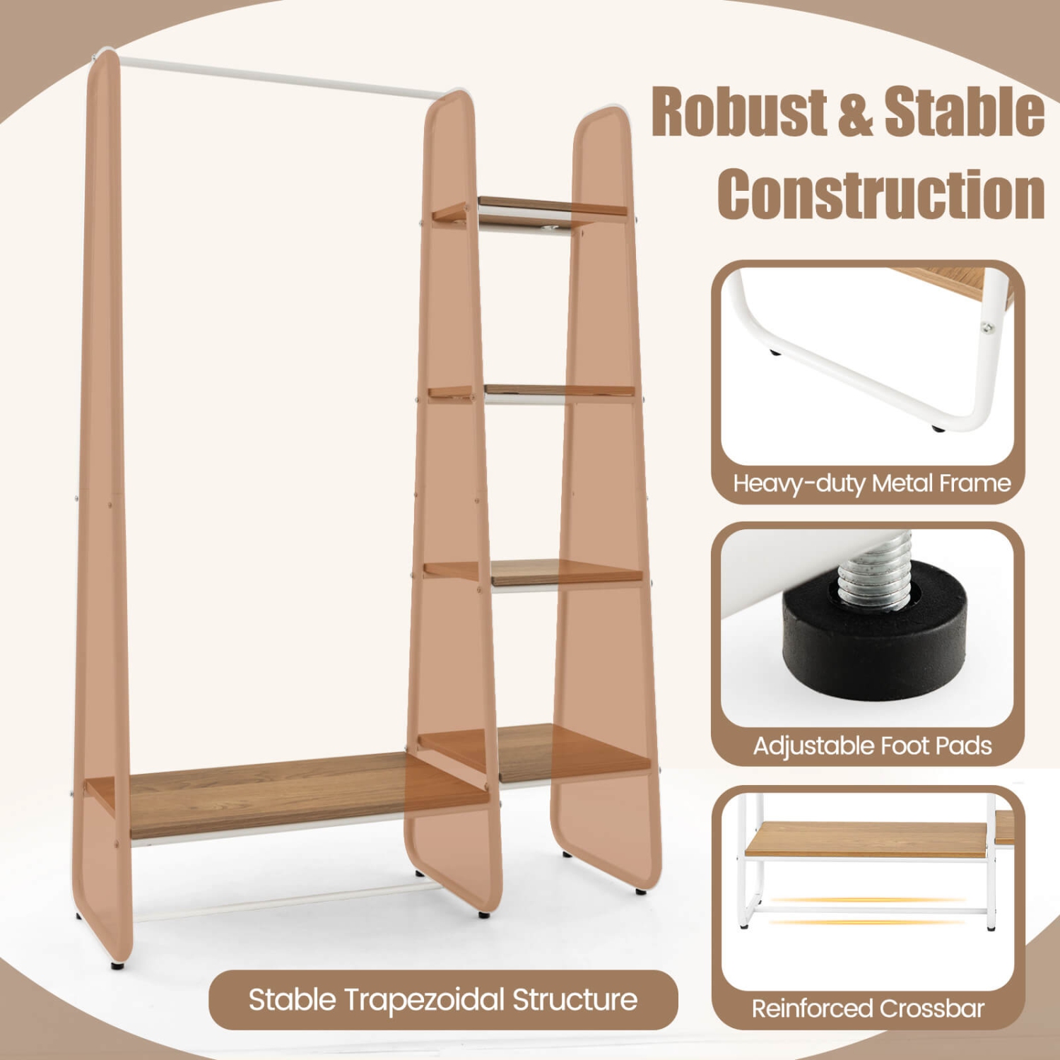 Costway Clothes Rack Portable Closet Storage Organizer 5-Tier Wood Shelves & Hanging Rod