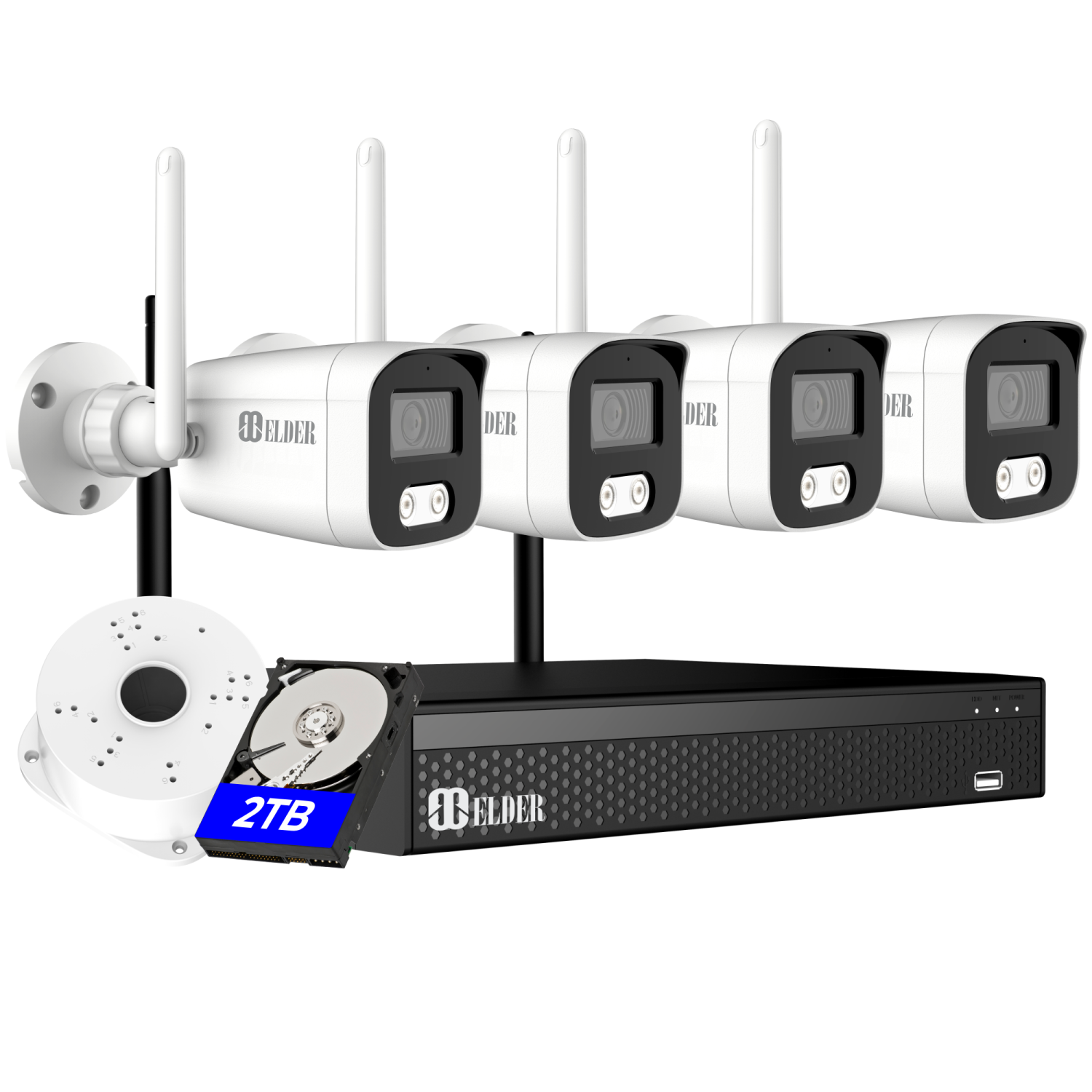 【2024 New】Elder 4K WiFi Security Camera System, 4-Camera Semi Wireless Surveillance Kit Outdoor DIY Audio 2TB HDD, Home Security Camera System