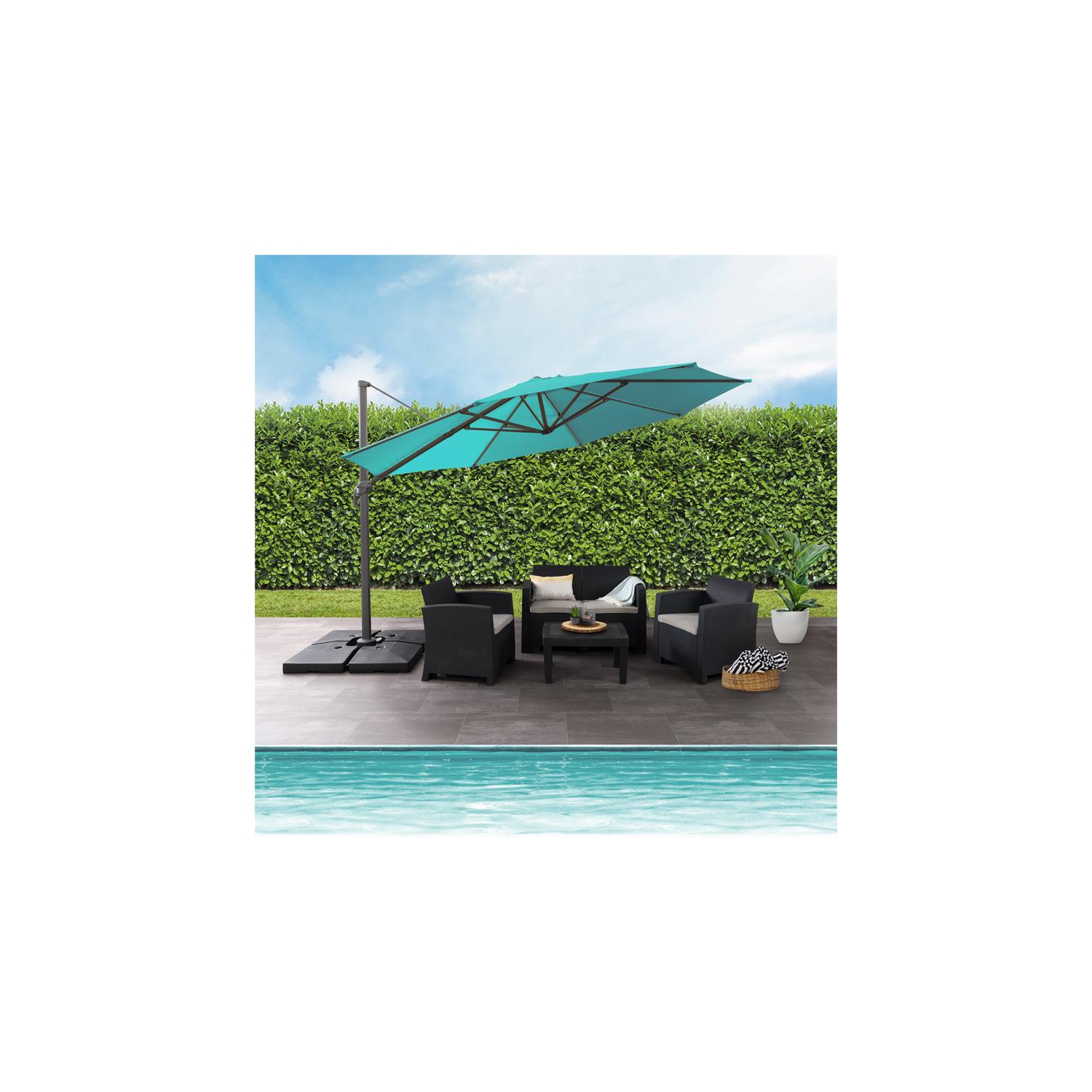 CorLiving 11.5ft Offset Turquoise Fabric Patio Umbrella and Base