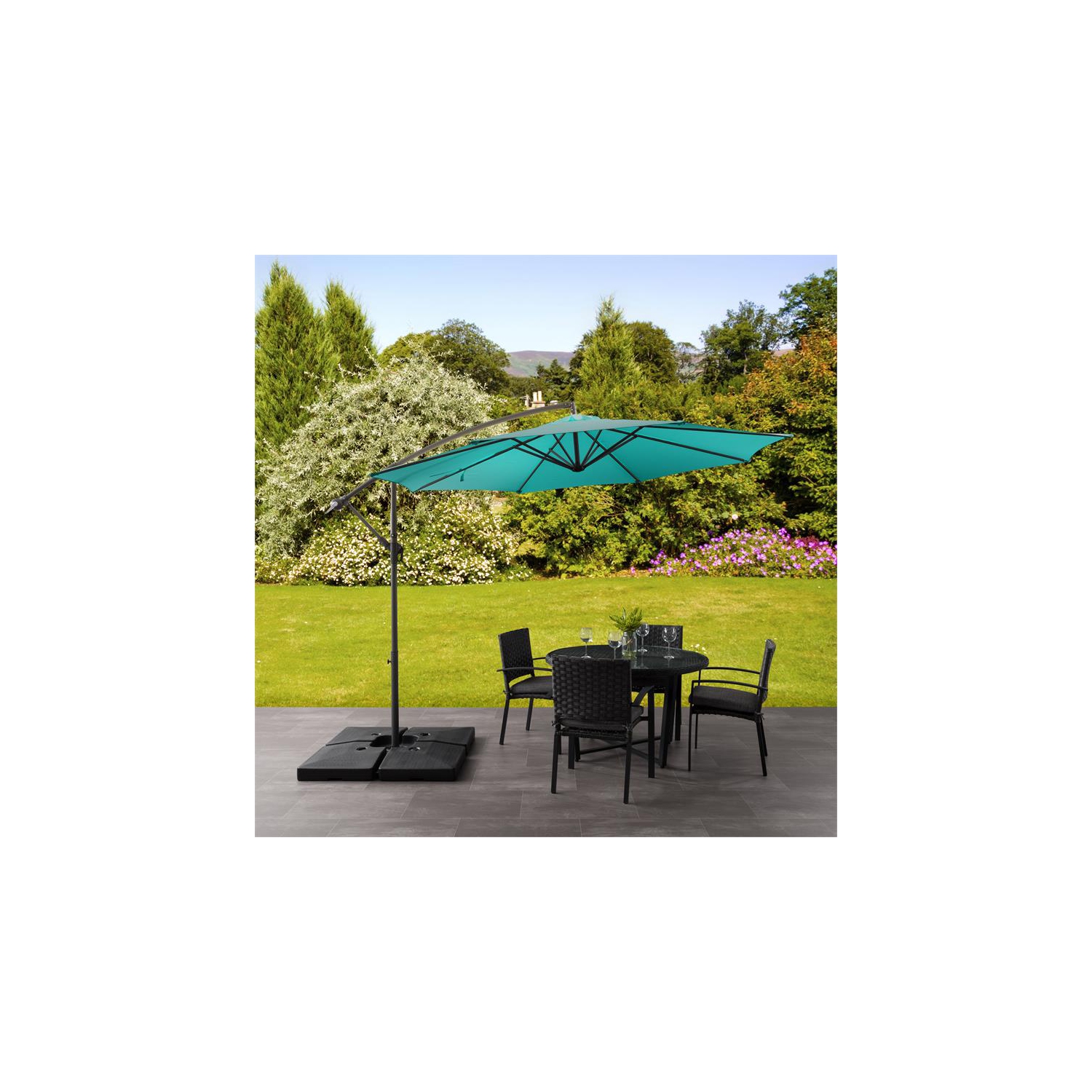 CorLiving 9.5ft Offset Turquoise Fabric Patio Umbrella and Base Weight