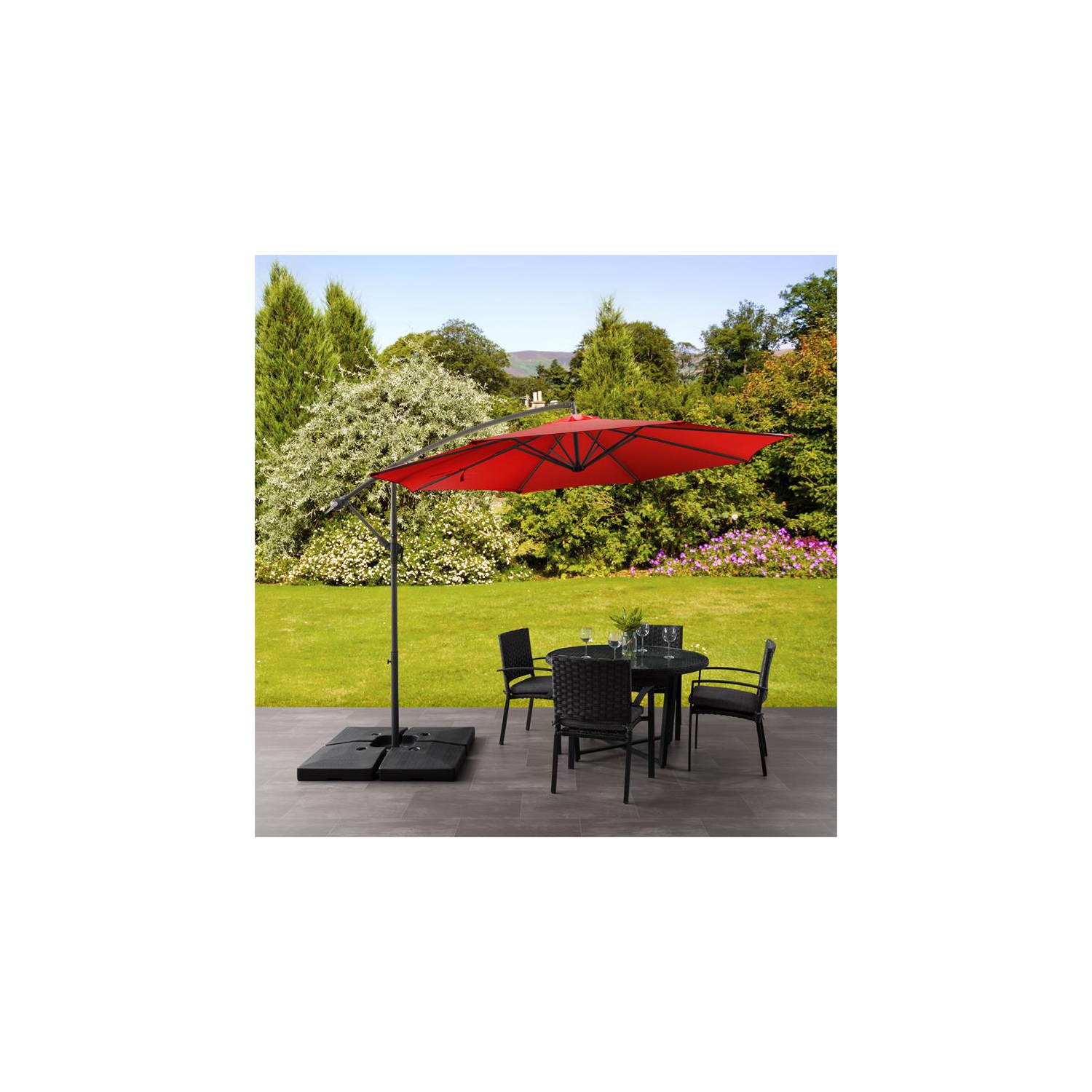 CorLiving 9.5ft Offset Crimson Red Fabric Patio Umbrella and Base Weight