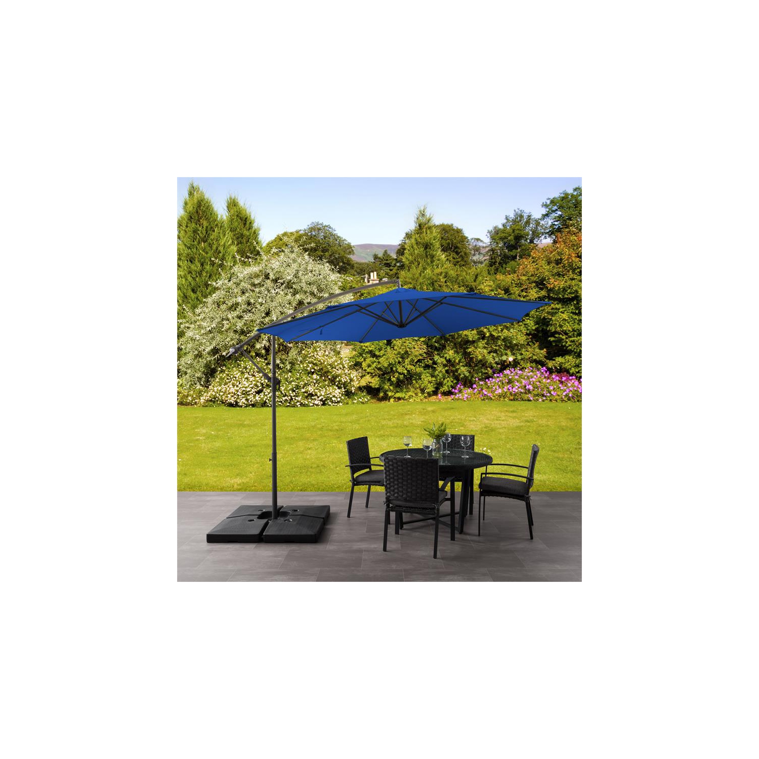 CorLiving 9.5ft Offset Cobalt Blue Fabric Patio Umbrella and Base Weight