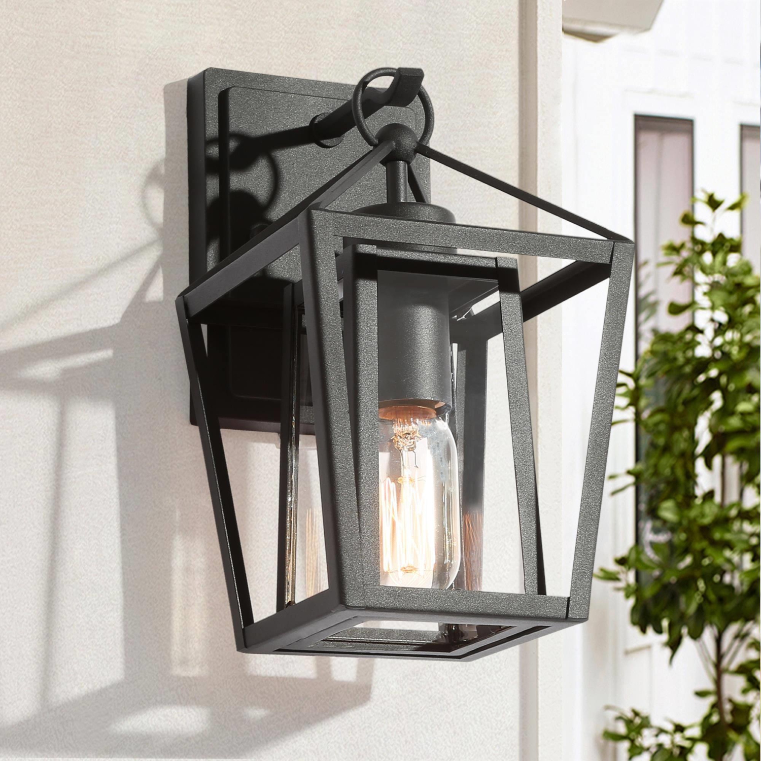 Modern Farmhouse Outdoor Wall Light, 1-Light Industrial Black Cage Outdoor Lantern Sconce with Clear Glass Shade