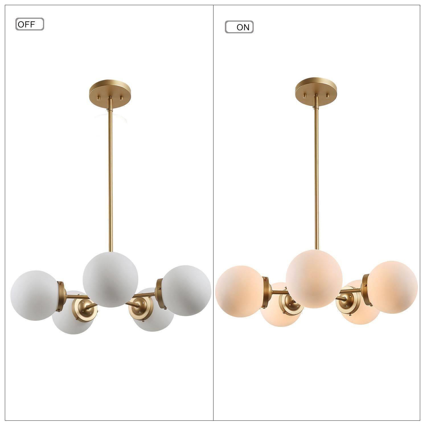 Lustre Sputnik Globe du milieu du siècle, plafonnier suspendu transitionnel de salle à manger à 5 lampes, lampe suspendue à abat-jour en verre givré