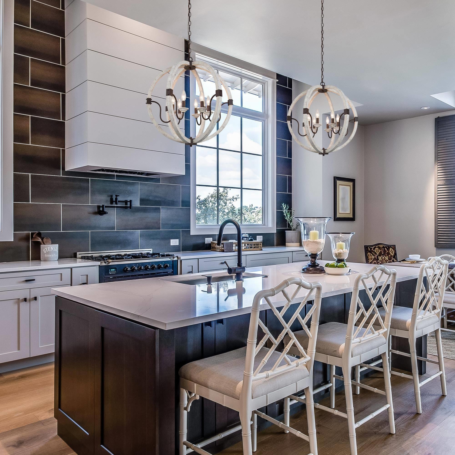 Classic Farmhouse Chandelier, 6-Light Weathered White and Rustic Bronze Wooden Globe Chandelier with Classic Candle Style