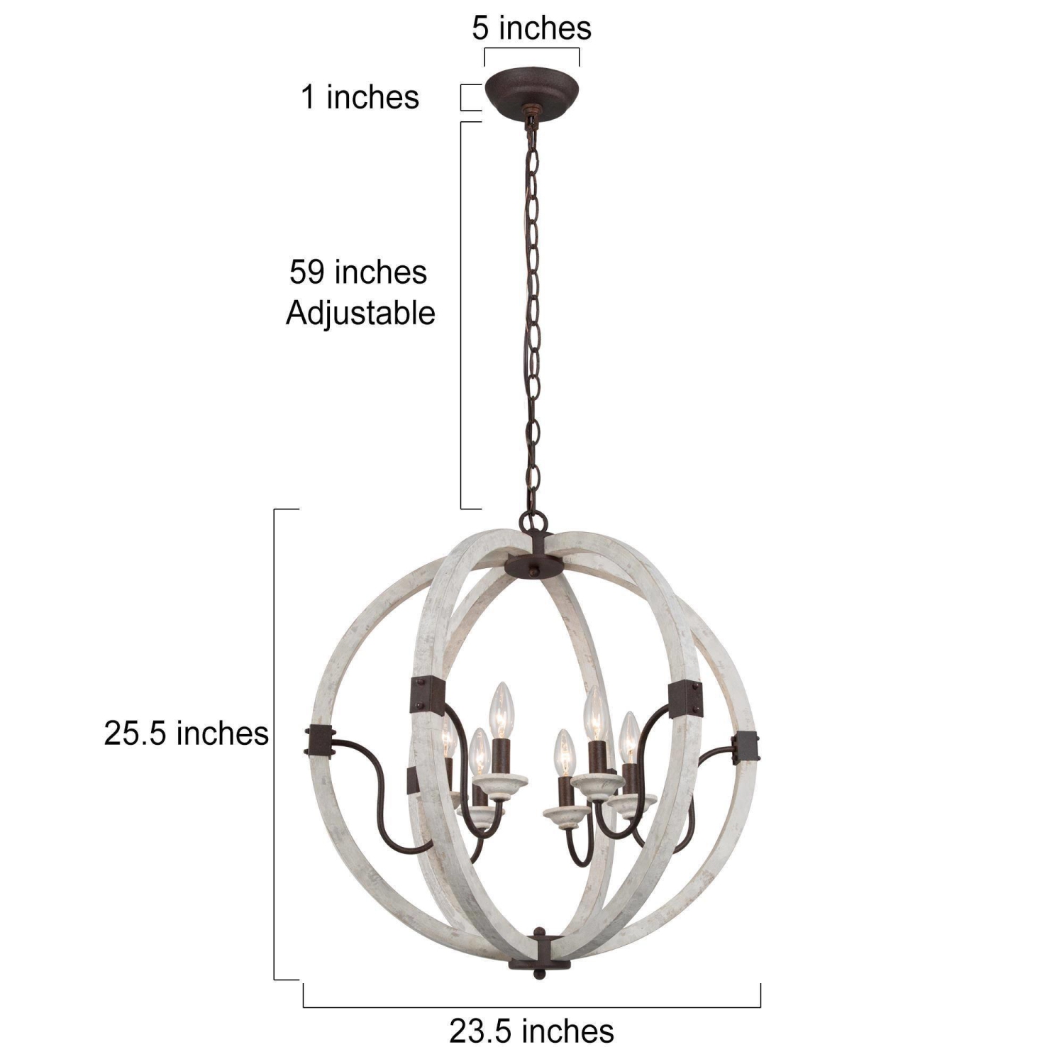 Classic Farmhouse Chandelier, 6-Light Weathered White and Rustic Bronze Wooden Globe Chandelier with Classic Candle Style
