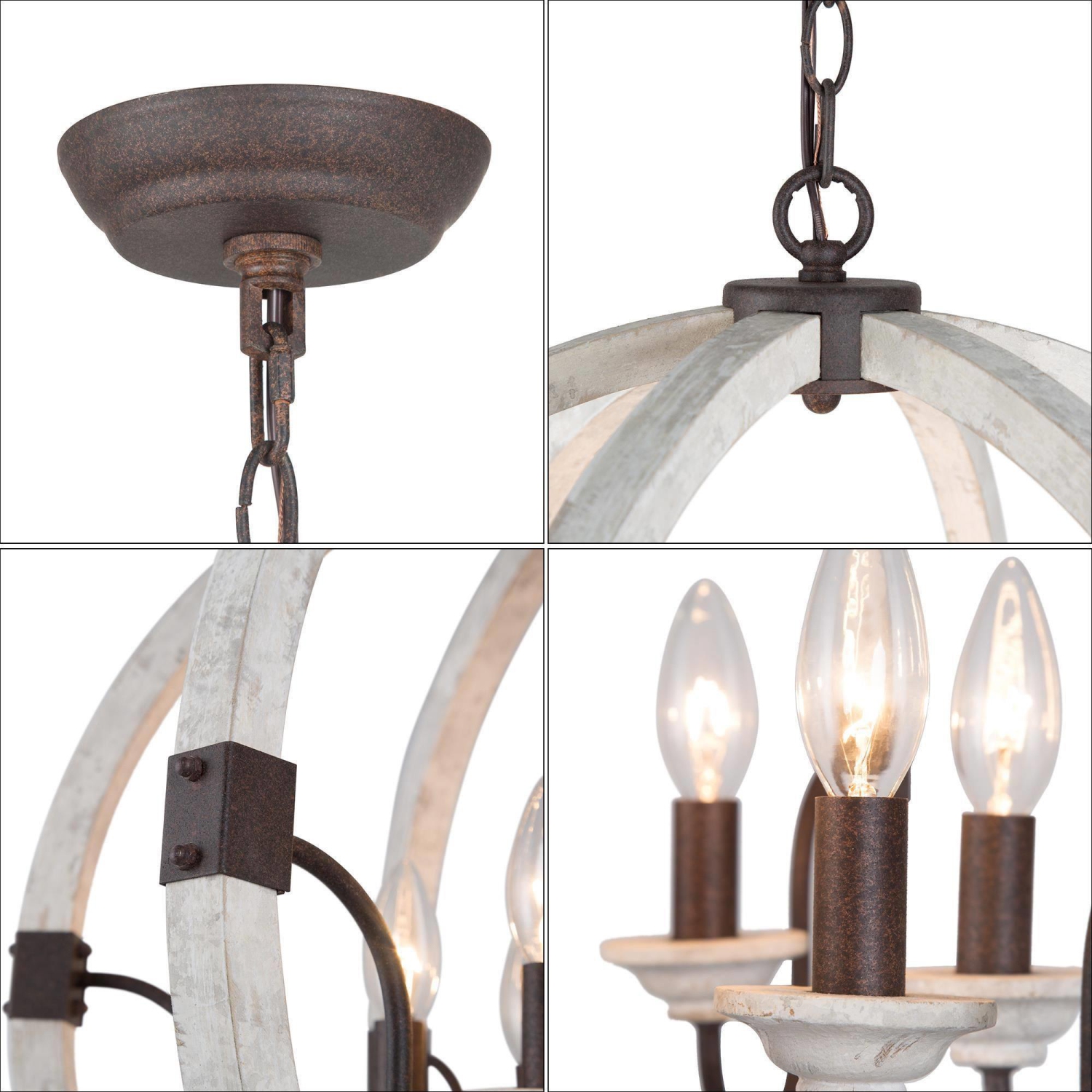 Classic Farmhouse Chandelier, 6-Light Weathered White and Rustic Bronze Wooden Globe Chandelier with Classic Candle Style
