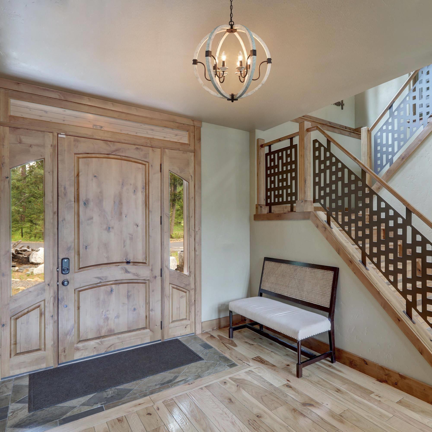 Classic Farmhouse Chandelier, 6-Light Weathered White and Rustic Bronze Wooden Globe Chandelier with Classic Candle Style