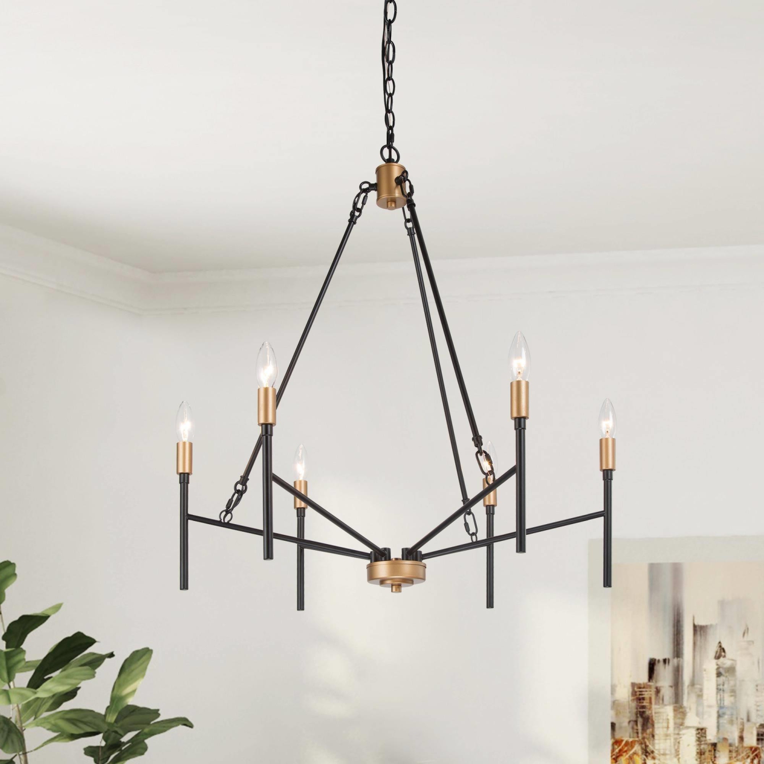 Modern Industrial Chandelier, 6-Light Black and Deep Gold Dining Room Chandelier with Classic Candle Style