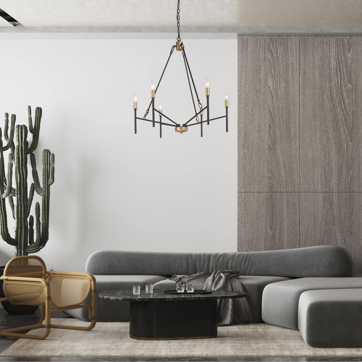 Modern Industrial Chandelier, 6-Light Black and Deep Gold Dining Room Chandelier with Classic Candle Style