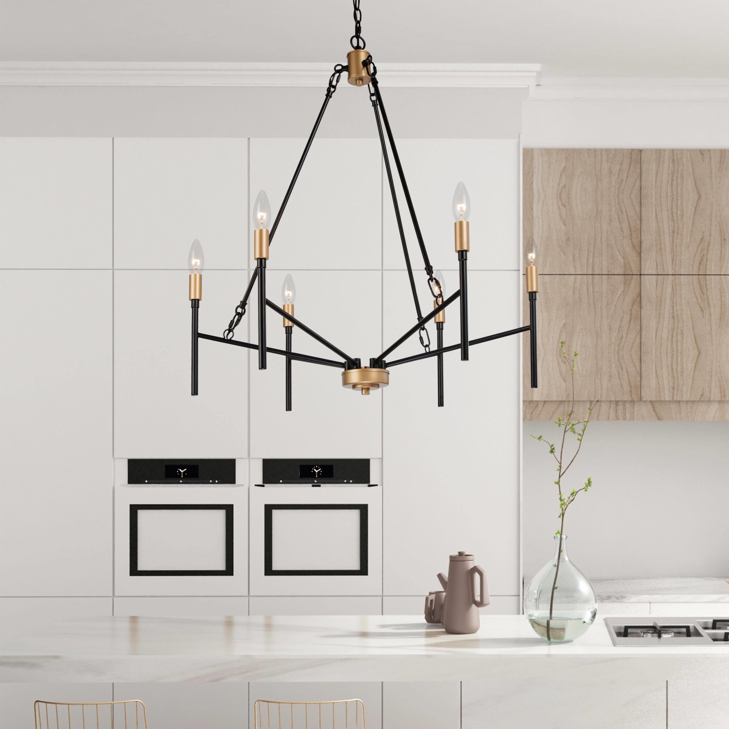 Modern Industrial Chandelier, 6-Light Black and Deep Gold Dining Room Chandelier with Classic Candle Style