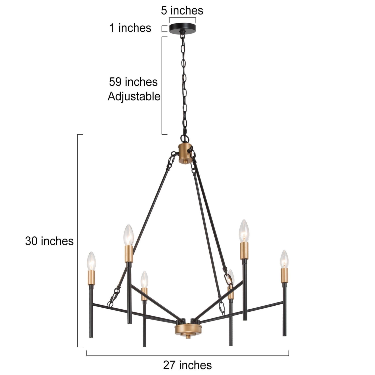 Modern Industrial Chandelier, 6-Light Black and Deep Gold Dining Room Chandelier with Classic Candle Style
