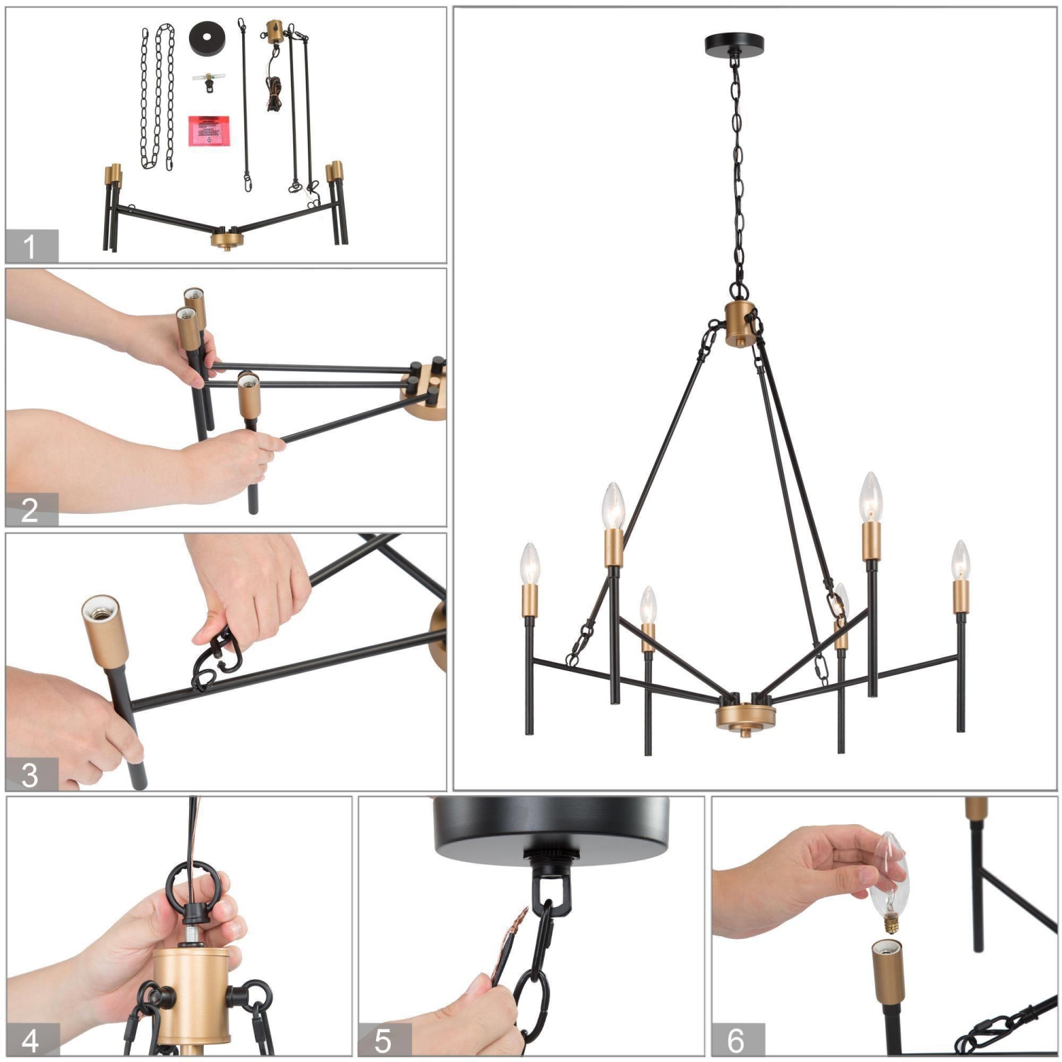 Modern Industrial Chandelier, 6-Light Black and Deep Gold Dining Room Chandelier with Classic Candle Style