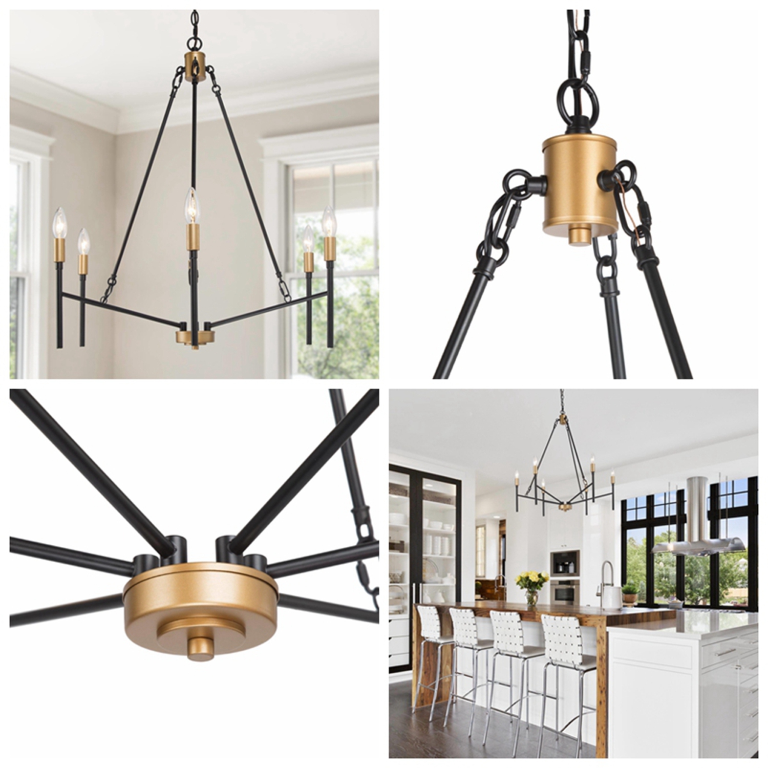 Modern Industrial Chandelier, 6-Light Black and Deep Gold Dining Room Chandelier with Classic Candle Style