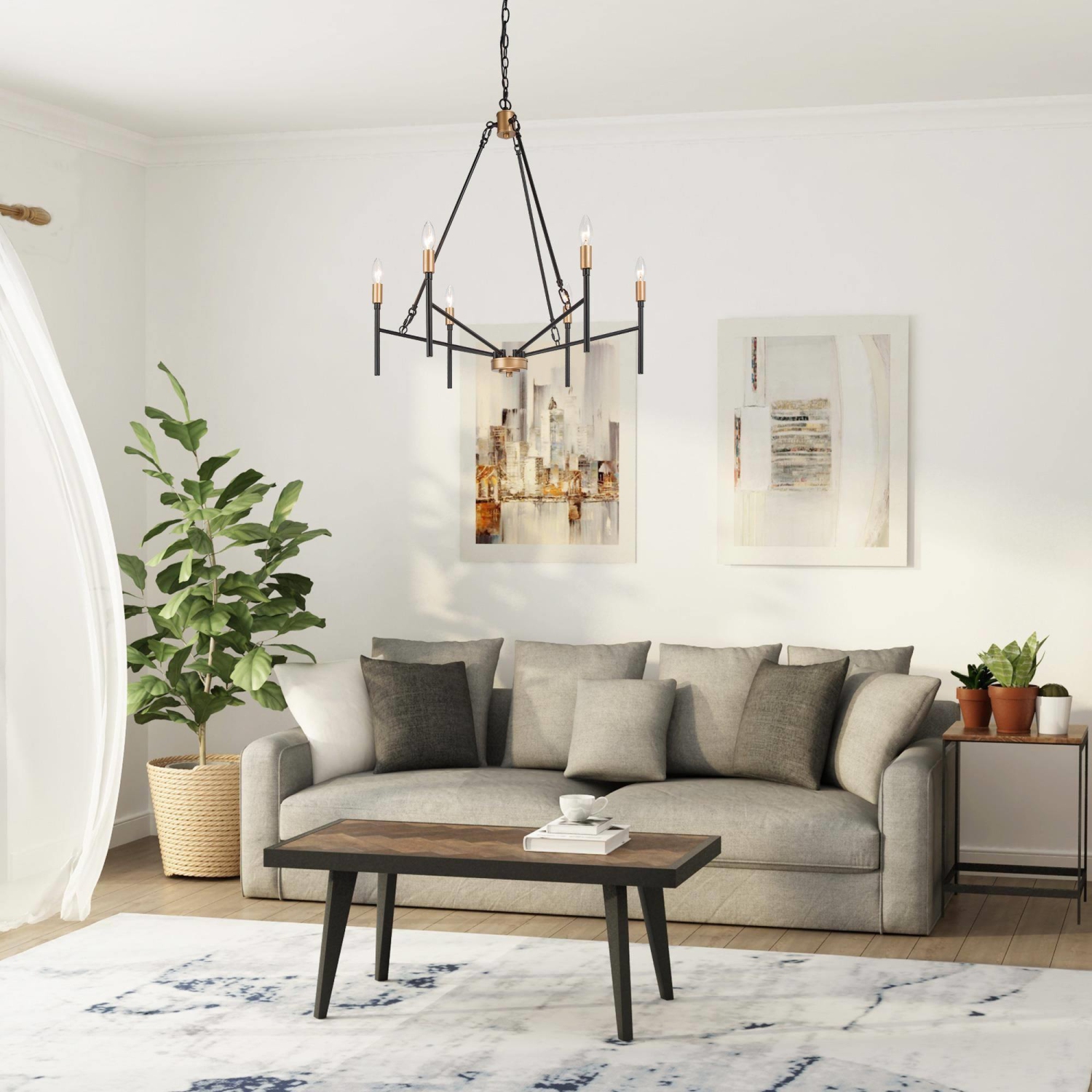 Modern Industrial Chandelier, 6-Light Black and Deep Gold Dining Room Chandelier with Classic Candle Style