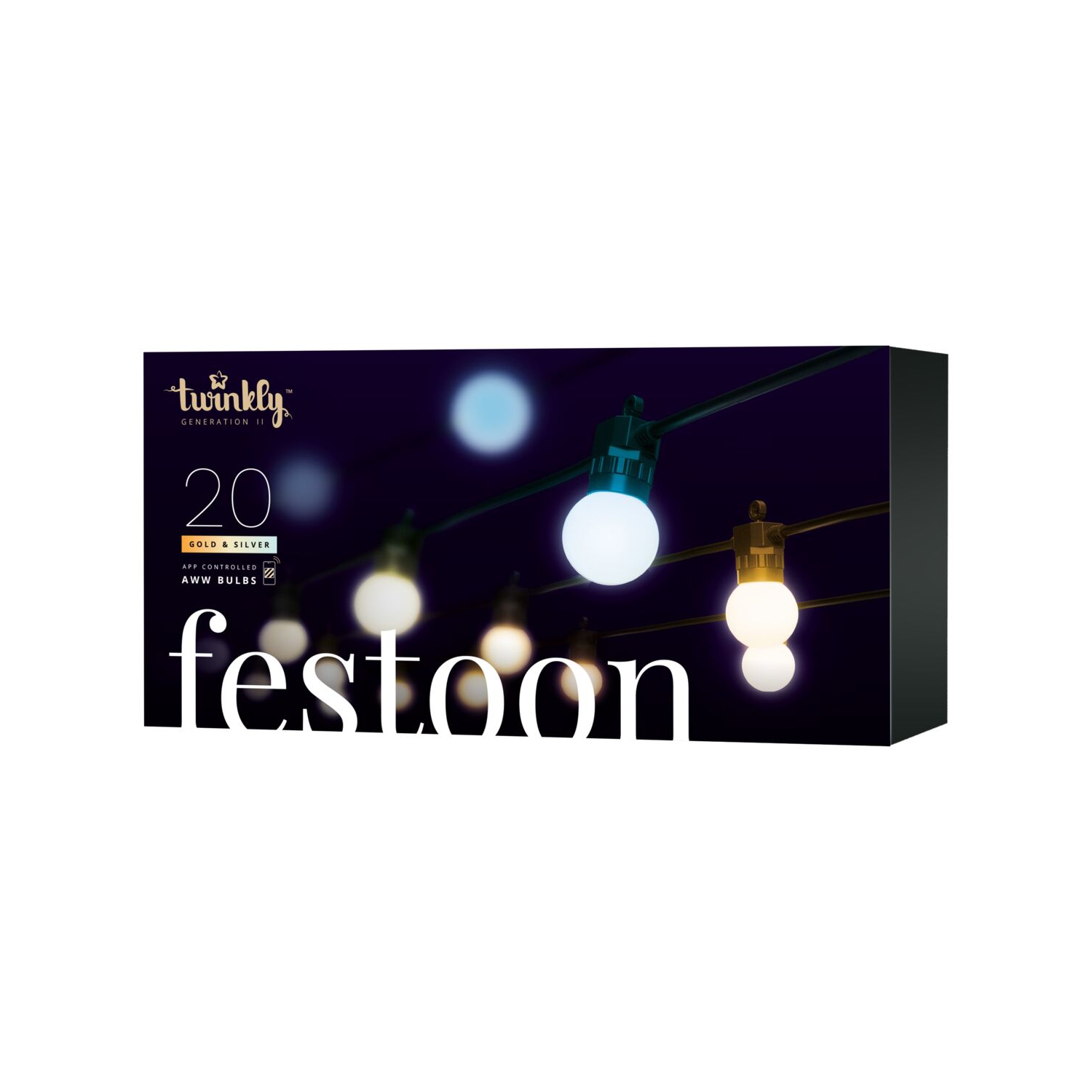 Twinkly Festoon – 20 AWW LED Bulb Lights String, 33 ft, Amber, Warm White, Cold White – Generation II