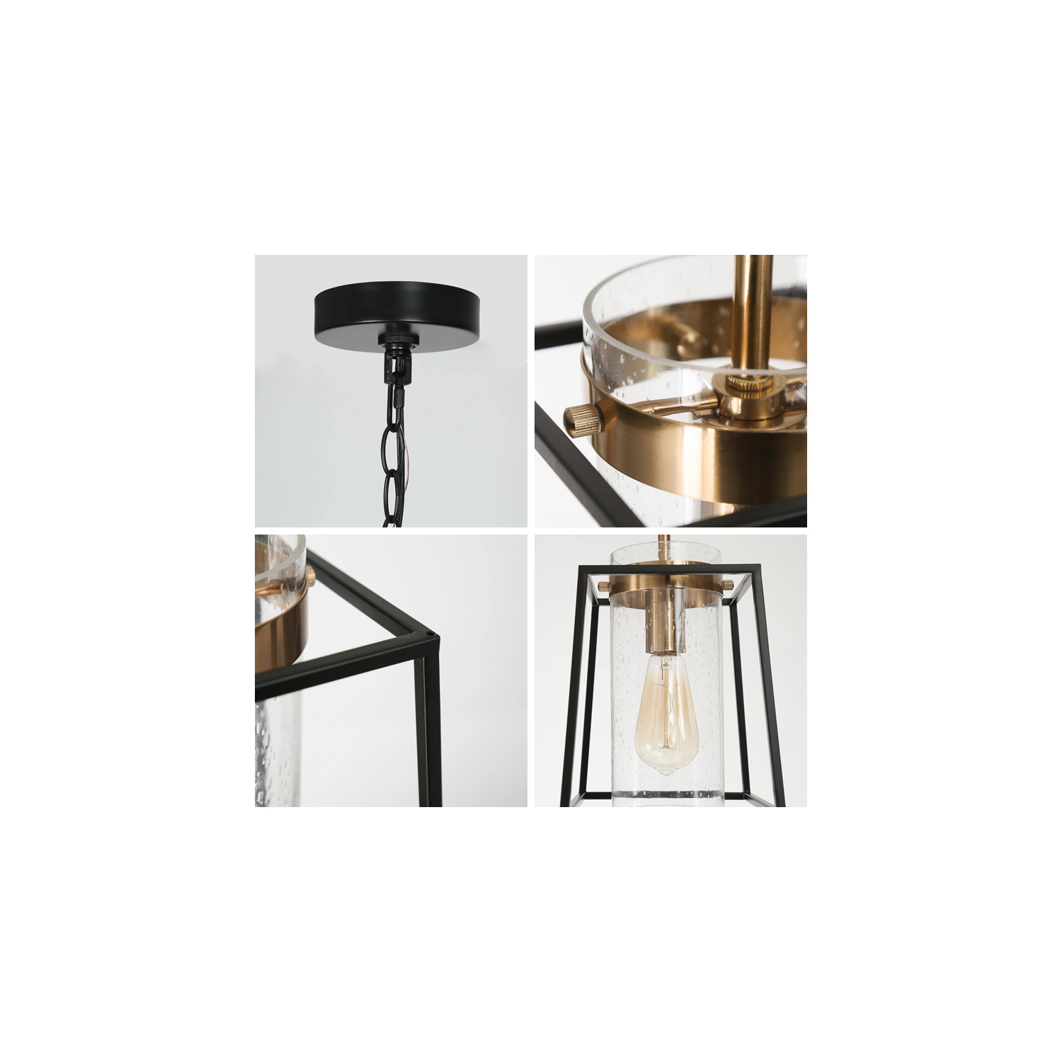 Black and Gold Pendant Light, 1-Light Modern Drum Kitchen Island Pendant Lighting with Seeded Glass Shade
