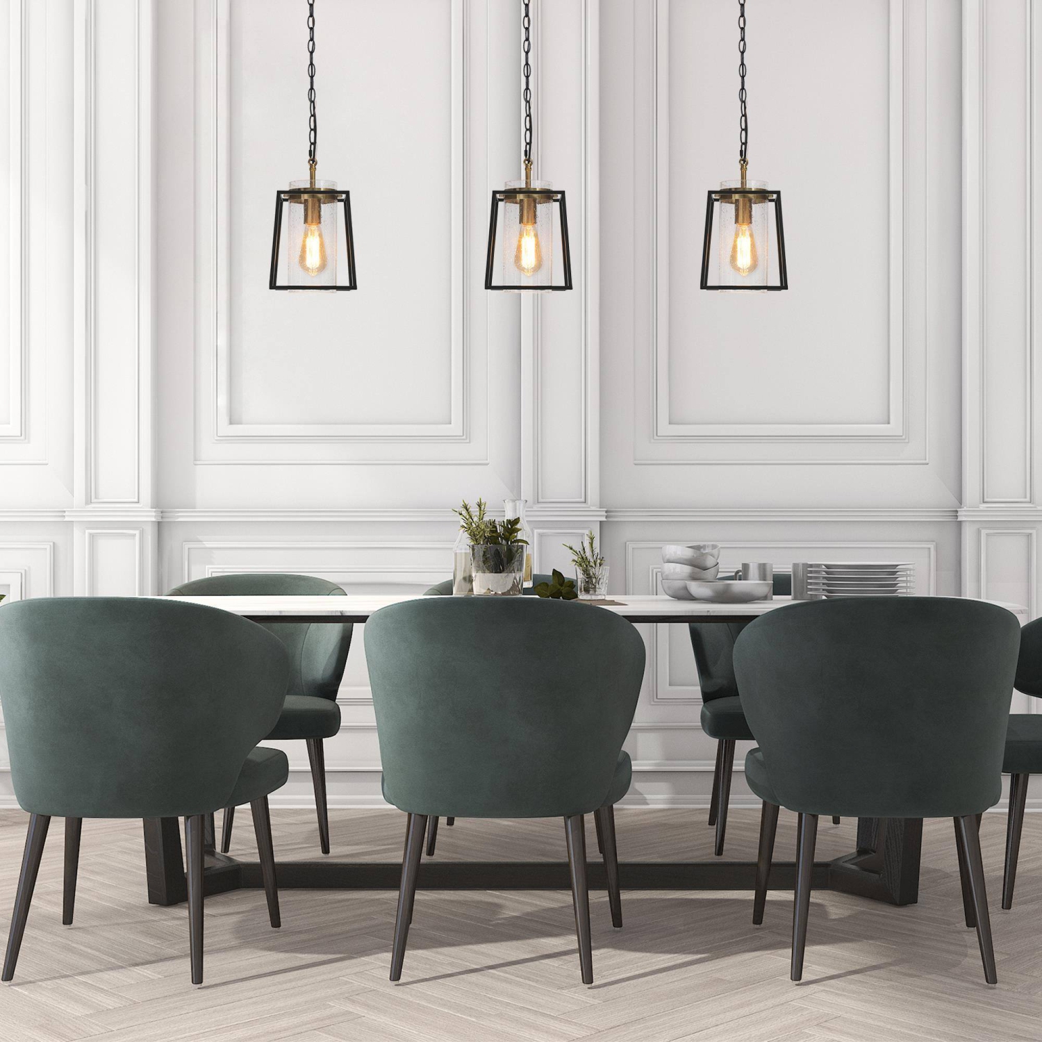 Black and Gold Pendant Light, 1-Light Modern Drum Kitchen Island Pendant Lighting with Seeded Glass Shade