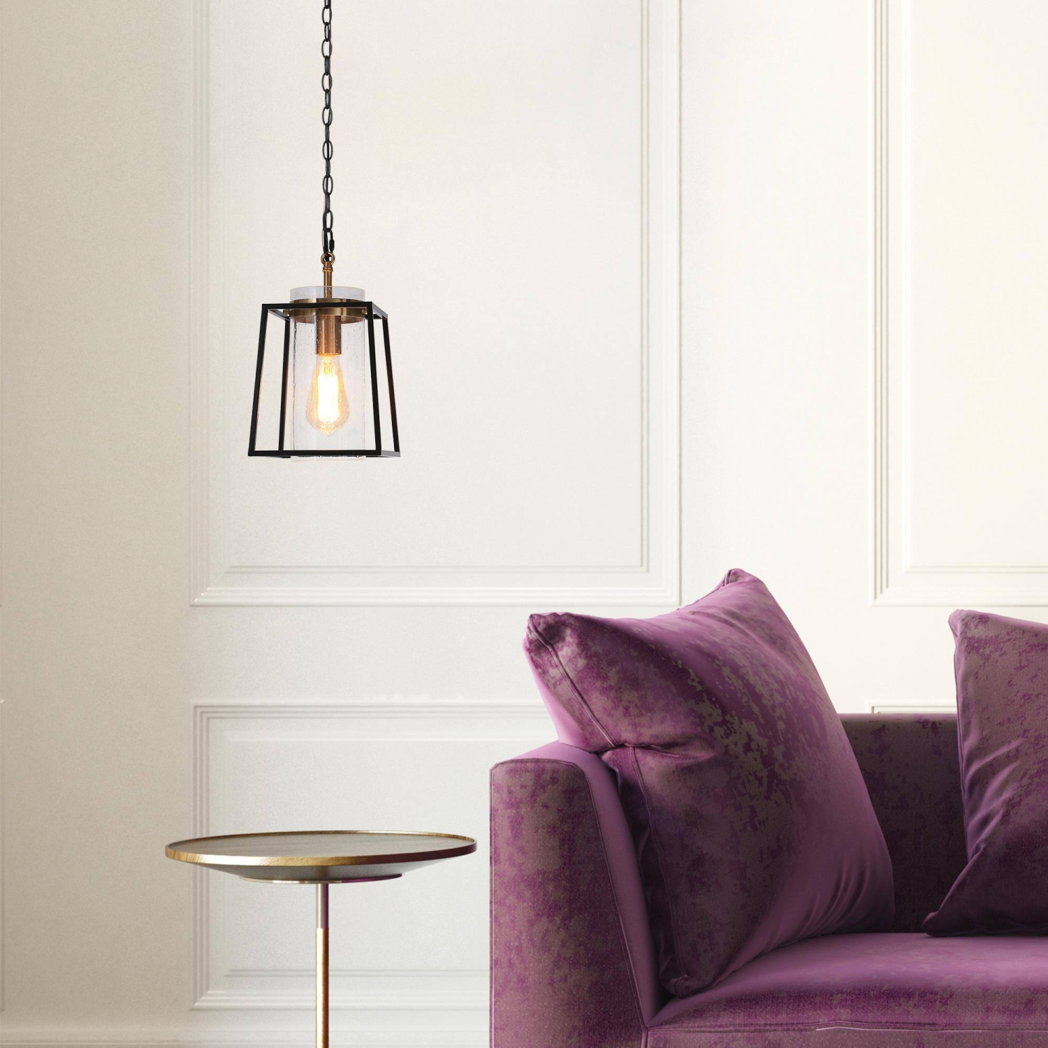 Black and Gold Pendant Light, 1-Light Modern Drum Kitchen Island Pendant Lighting with Seeded Glass Shade