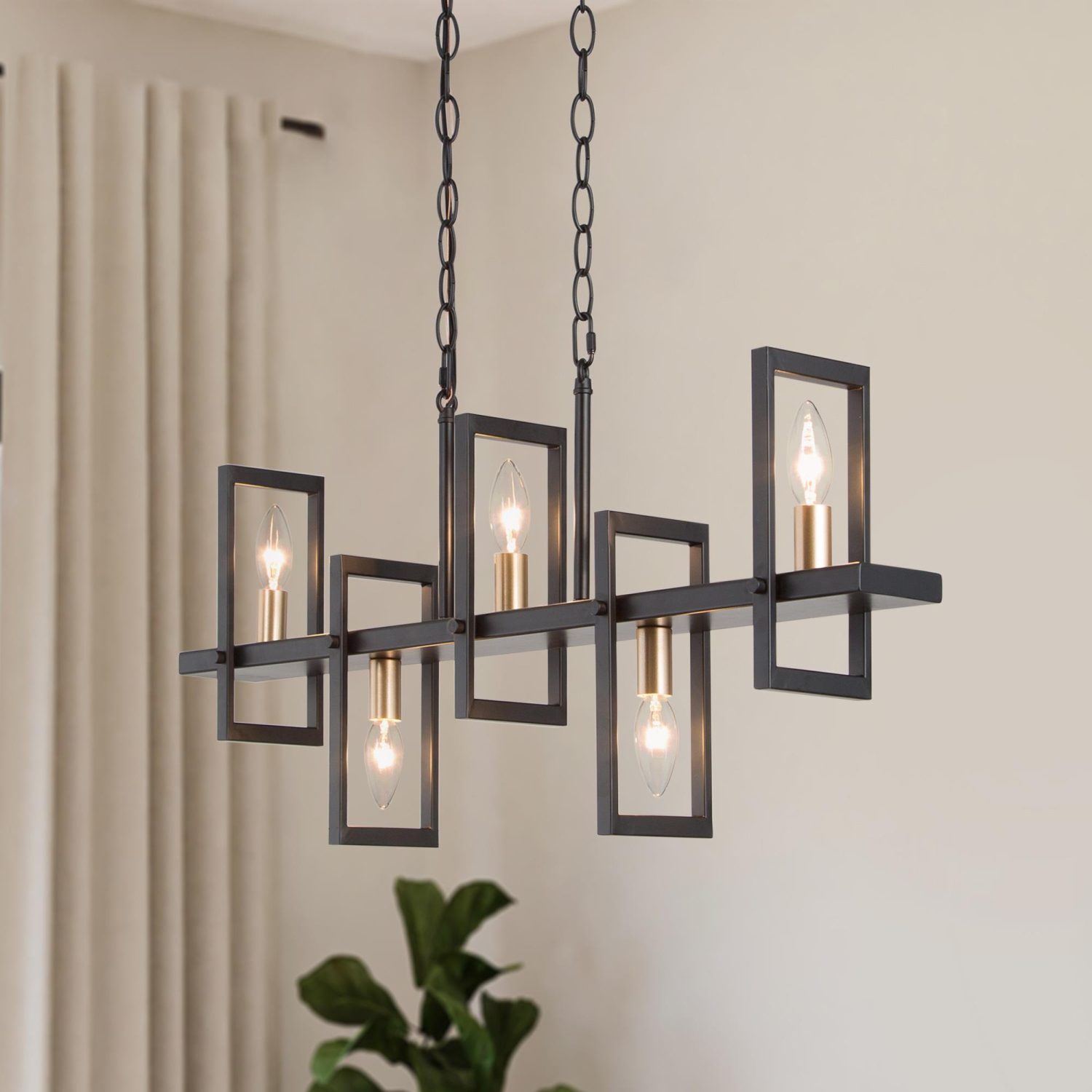 Modern Linear Kitchen Island Chandelier 5-Light Matte Black and Gold Chandelier Light for Dining Room