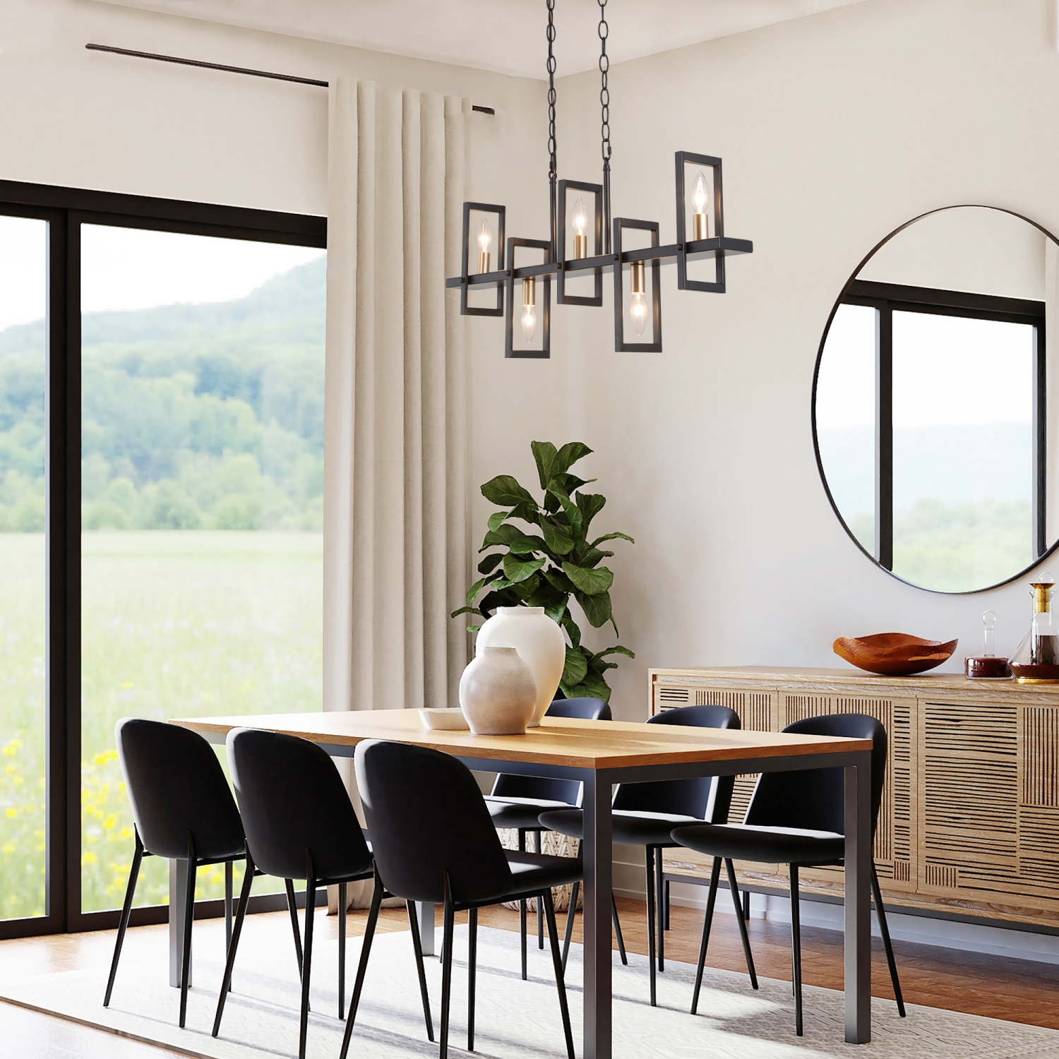Modern Linear Kitchen Island Chandelier 5-Light Matte Black and Gold Chandelier Light for Dining Room