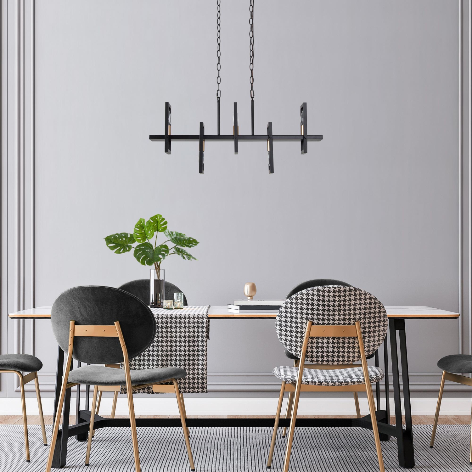 Modern Linear Kitchen Island Chandelier 5-Light Matte Black and Gold Chandelier Light for Dining Room
