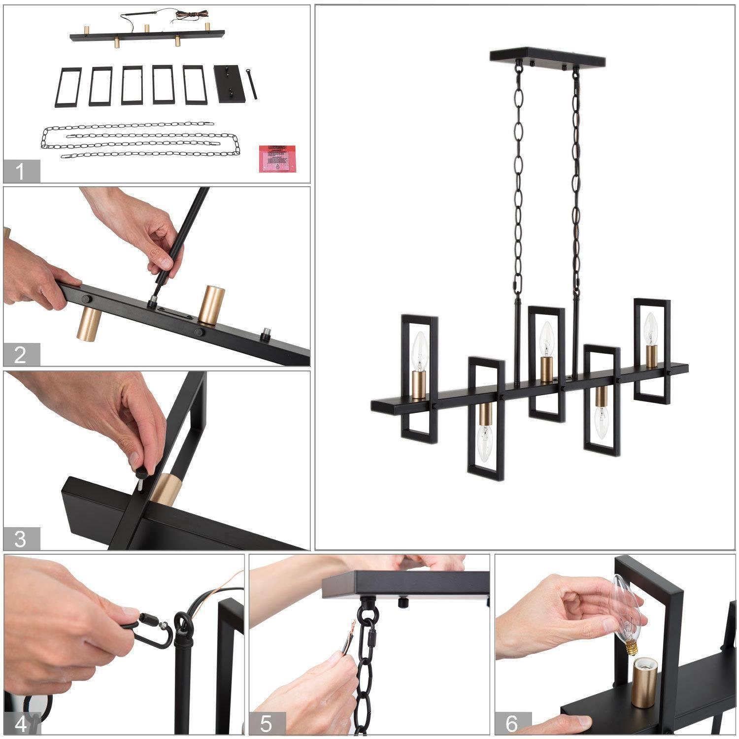 Modern Linear Kitchen Island Chandelier 5-Light Matte Black and Gold Chandelier Light for Dining Room