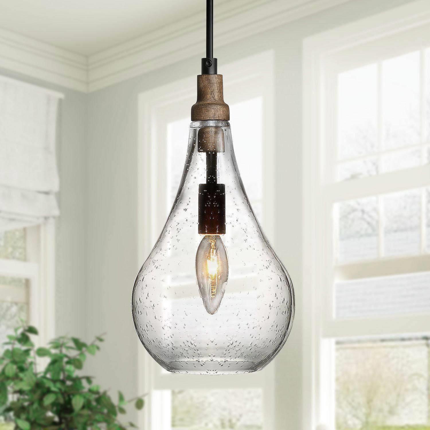 Lampe suspendue moderne de style champêtre en forme de goutte, plafonnier suspendu à 1 lumières en bois noir avec abat-jour en verre bosselé