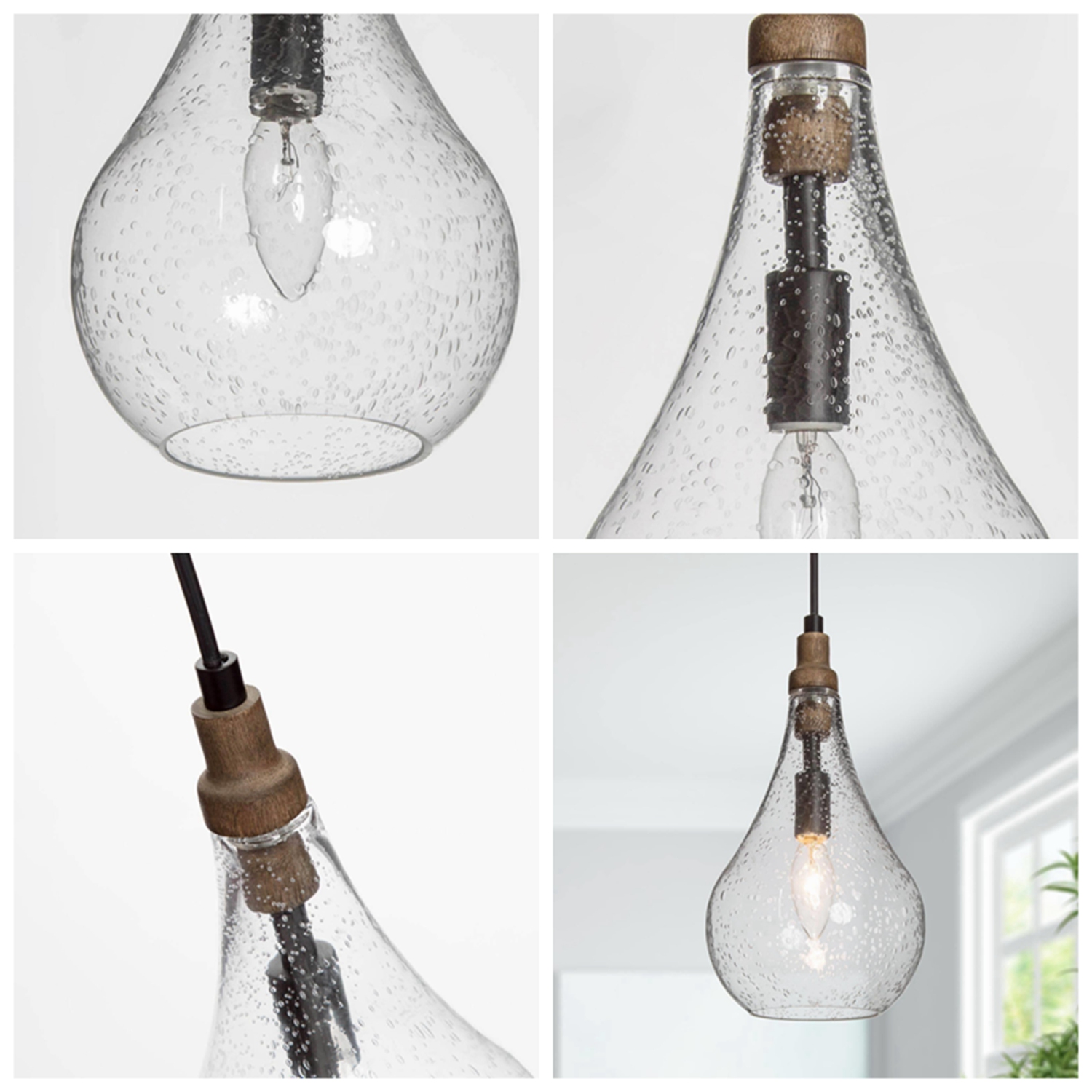 Lampe suspendue moderne de style champêtre en forme de goutte, plafonnier suspendu à 1 lumières en bois noir avec abat-jour en verre bosselé