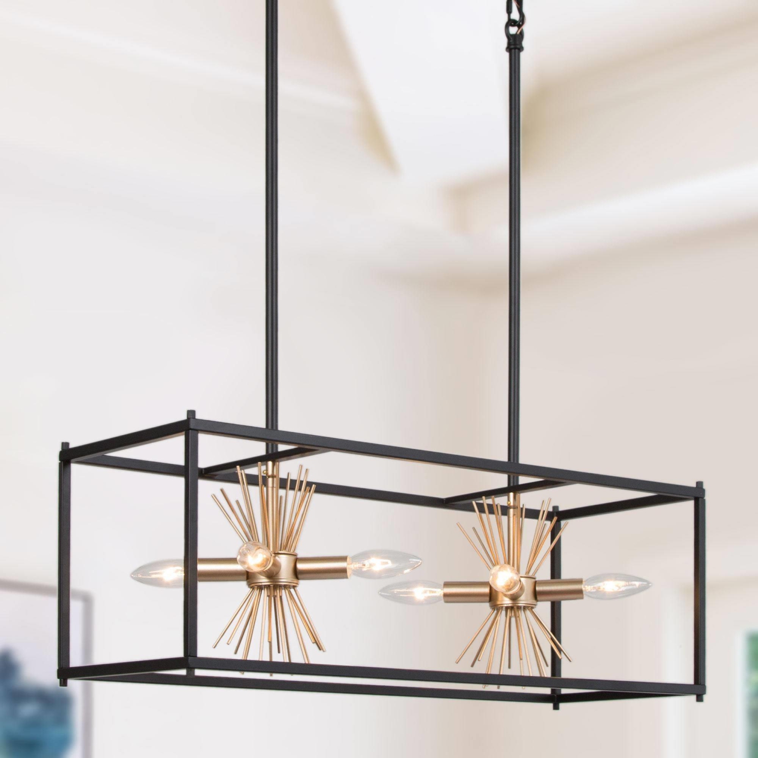 Modern Sputnik Kitchen Island Chandelier, 8-Light Black and Gold Square Linear Chandelier Light for Dining Room