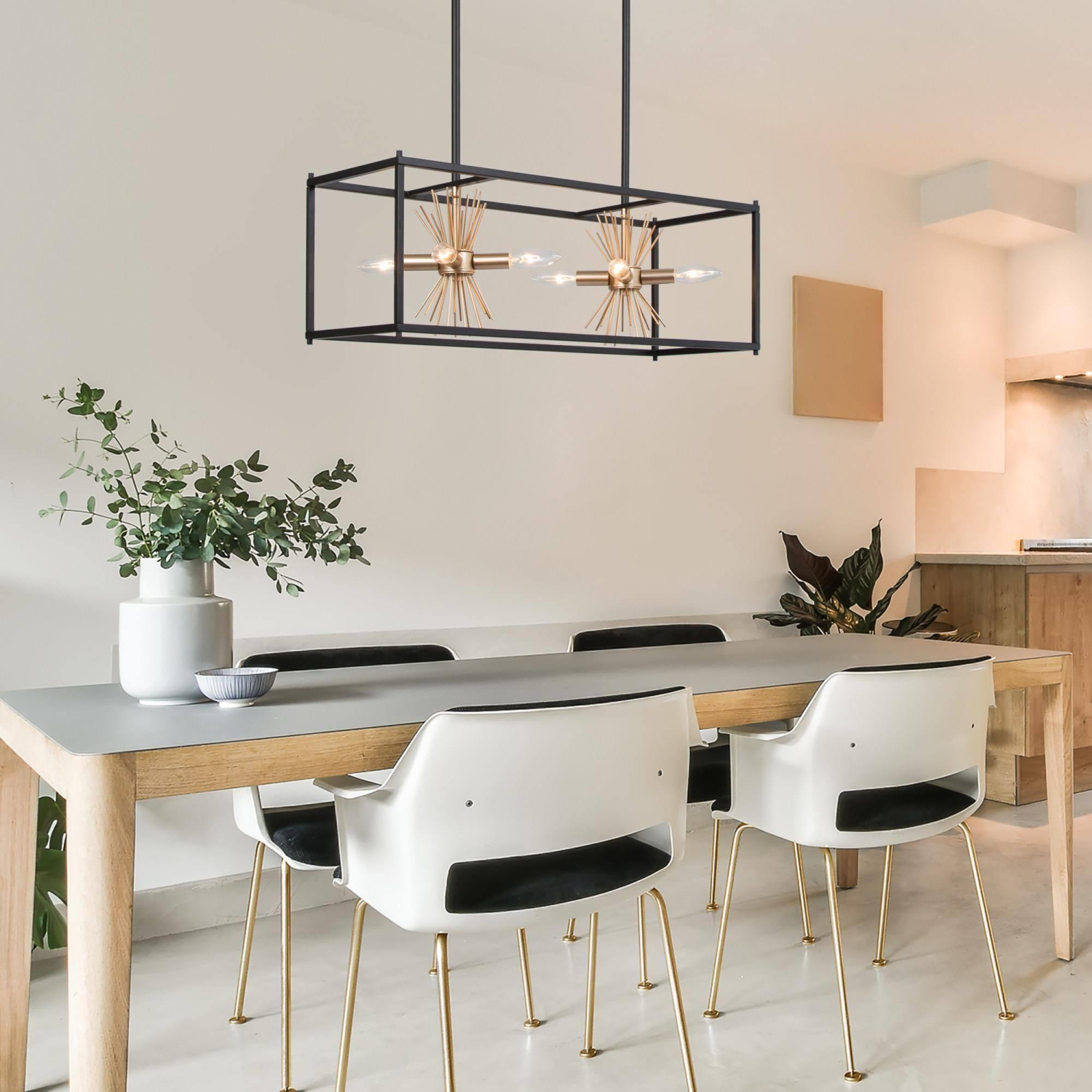 Modern Sputnik Kitchen Island Chandelier, 8-Light Black and Gold Square Linear Chandelier Light for Dining Room