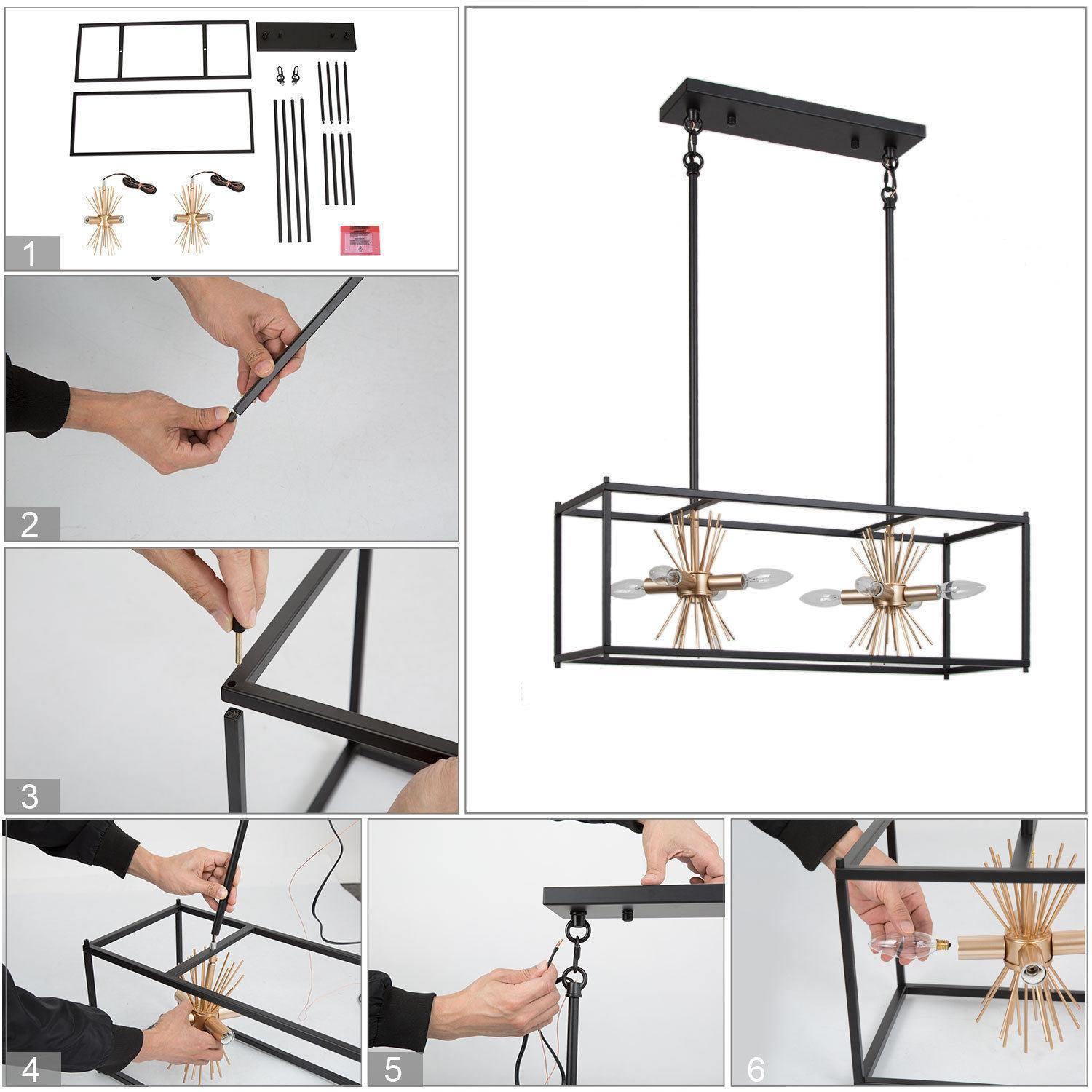 Modern Sputnik Kitchen Island Chandelier, 8-Light Black and Gold Square Linear Chandelier Light for Dining Room